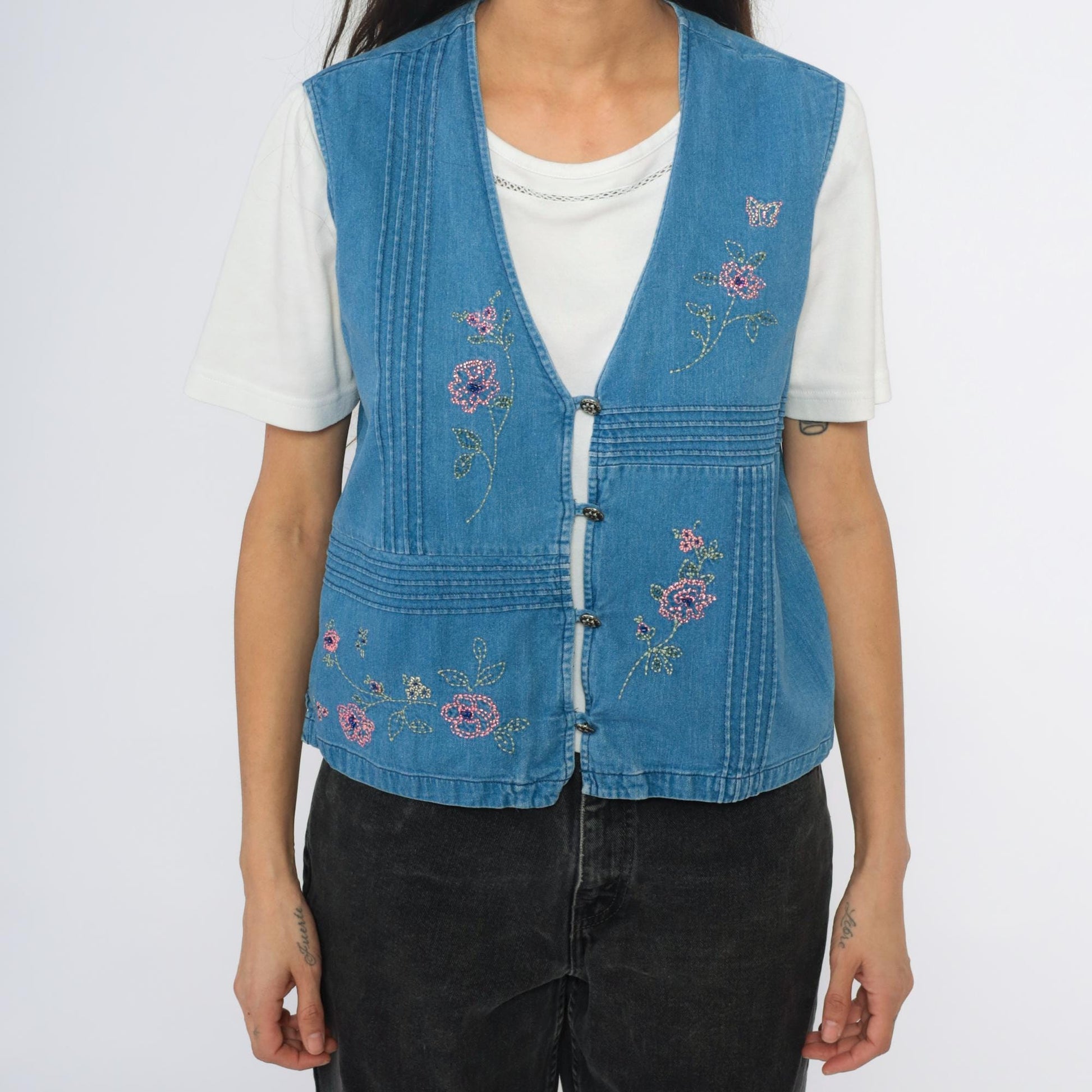 90s Blue Denim Vest Embroidered Floral Button Front Pintuck Small S
