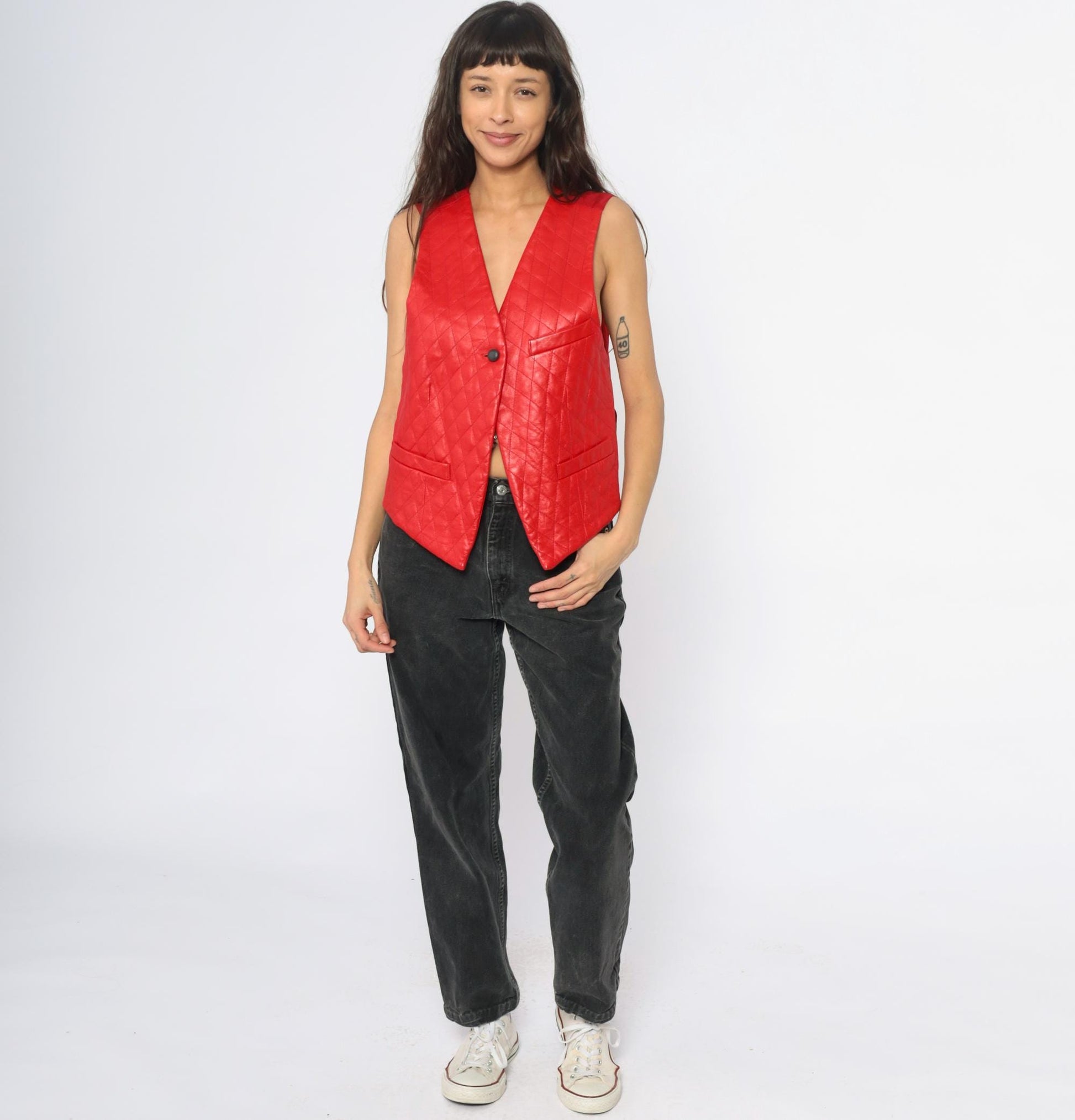 90s Red Leather Quilted Diamond Vest Adjustable Medium M