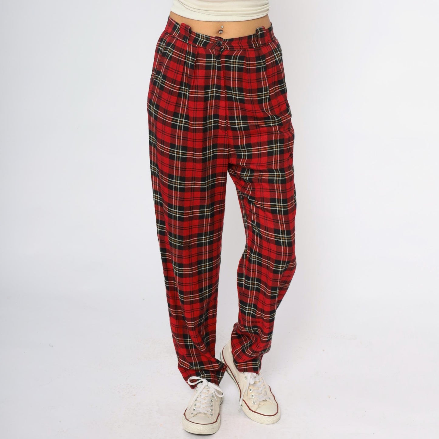 90s Chinicci Red Tartan High-Waist Pleated Trousers Medium