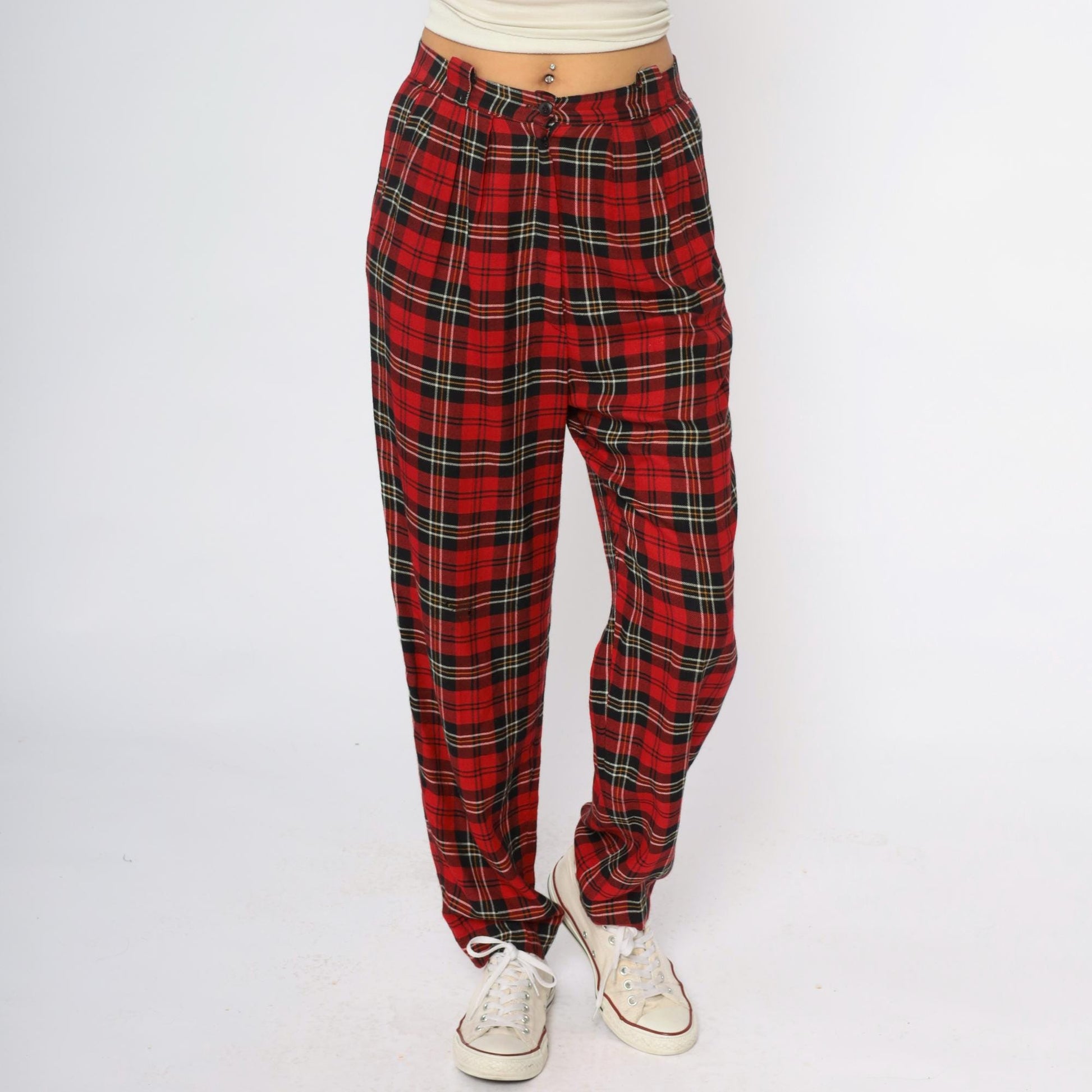 90s Chinicci Red Tartan High-Waist Pleated Trousers Medium