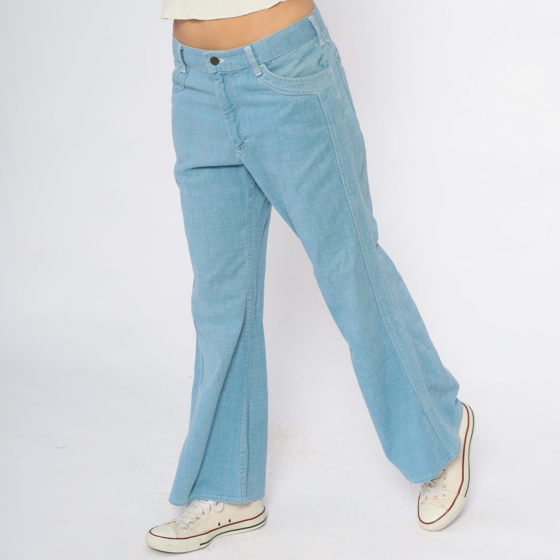 80s Lee Light Blue Flare Jeans High Rise Wide Leg Cotton Denim 33x30