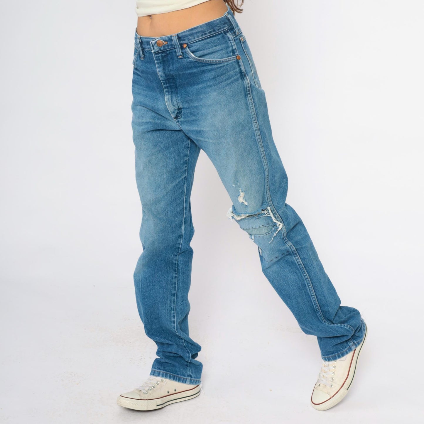 00s Wrangler Distressed Jeans Light Blue Denim Straight Leg Mens 33 Waist