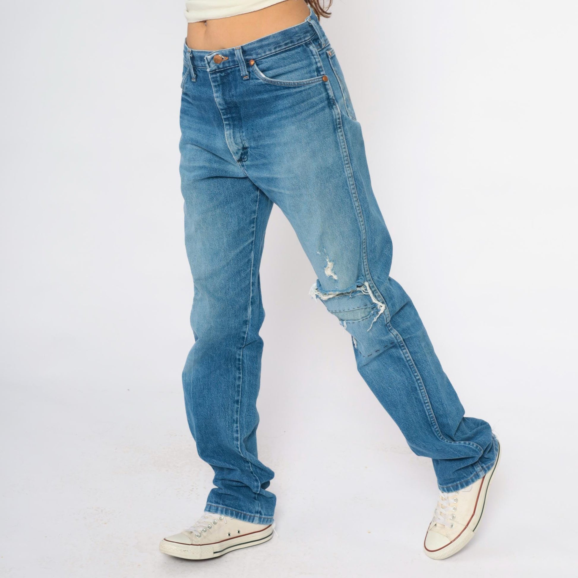 00s Wrangler Distressed Jeans Light Blue Denim Straight Leg Mens 33 Waist