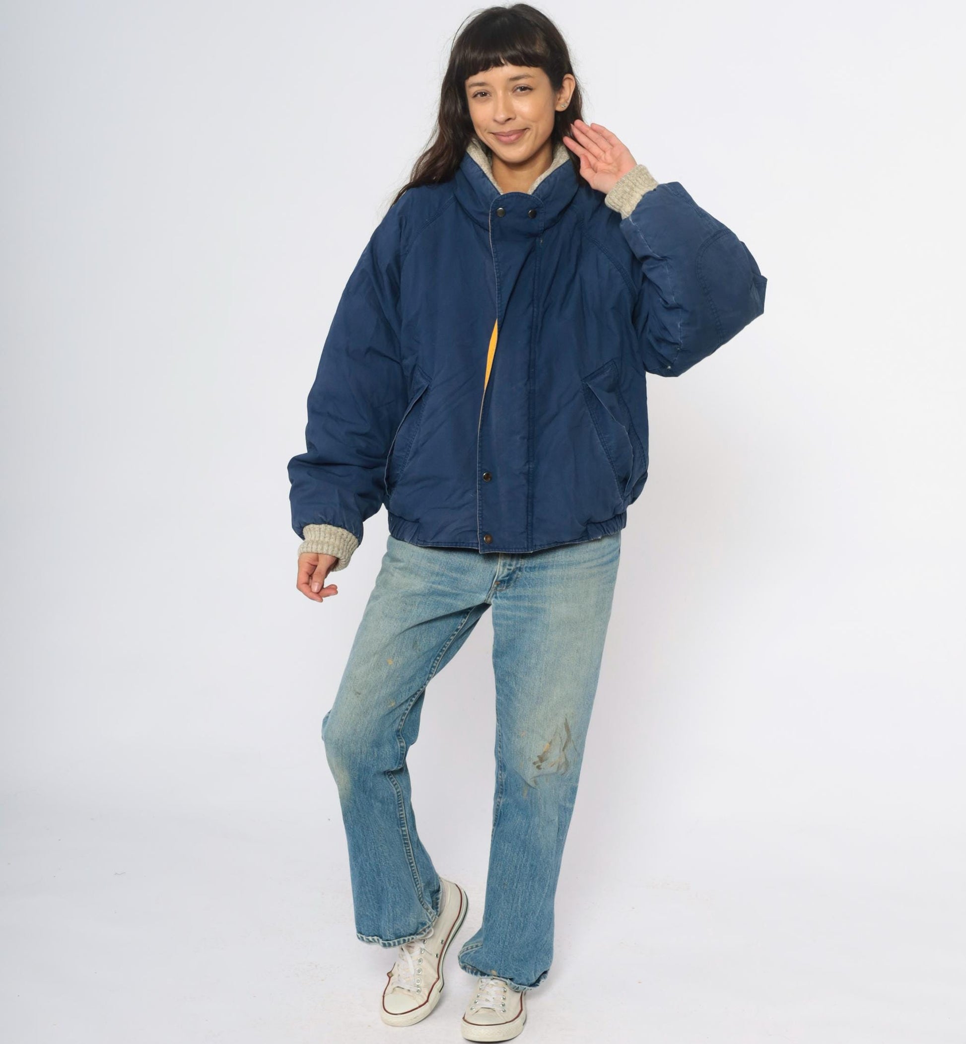 90s John Ashford Navy Bomber Jacket Down Fill Sherpa Collar Yellow Lining Large L
