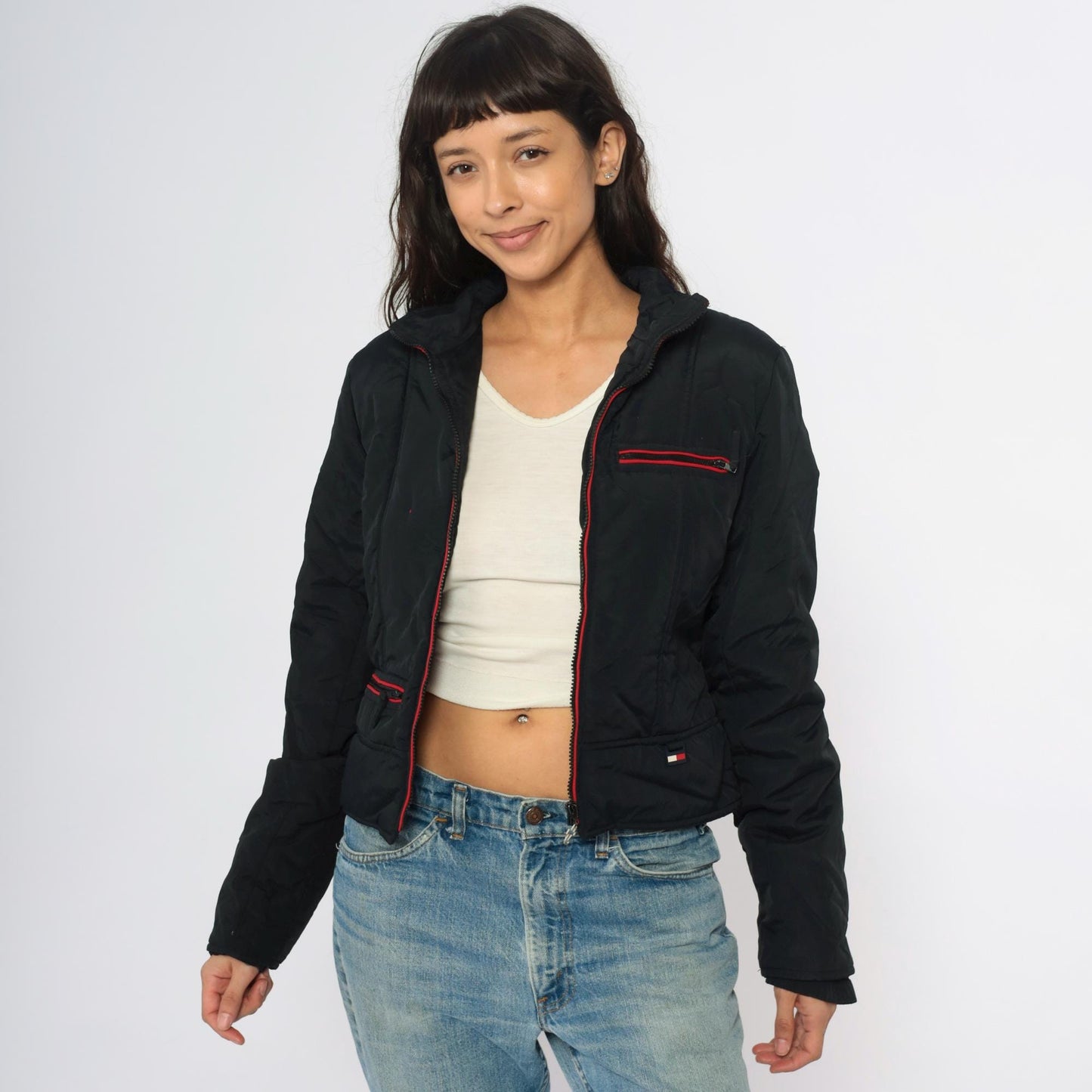 Y2K Tommy Jeans Rainbow Stripe Puffer Jacket Black Cropped Bomber Extra Small XS