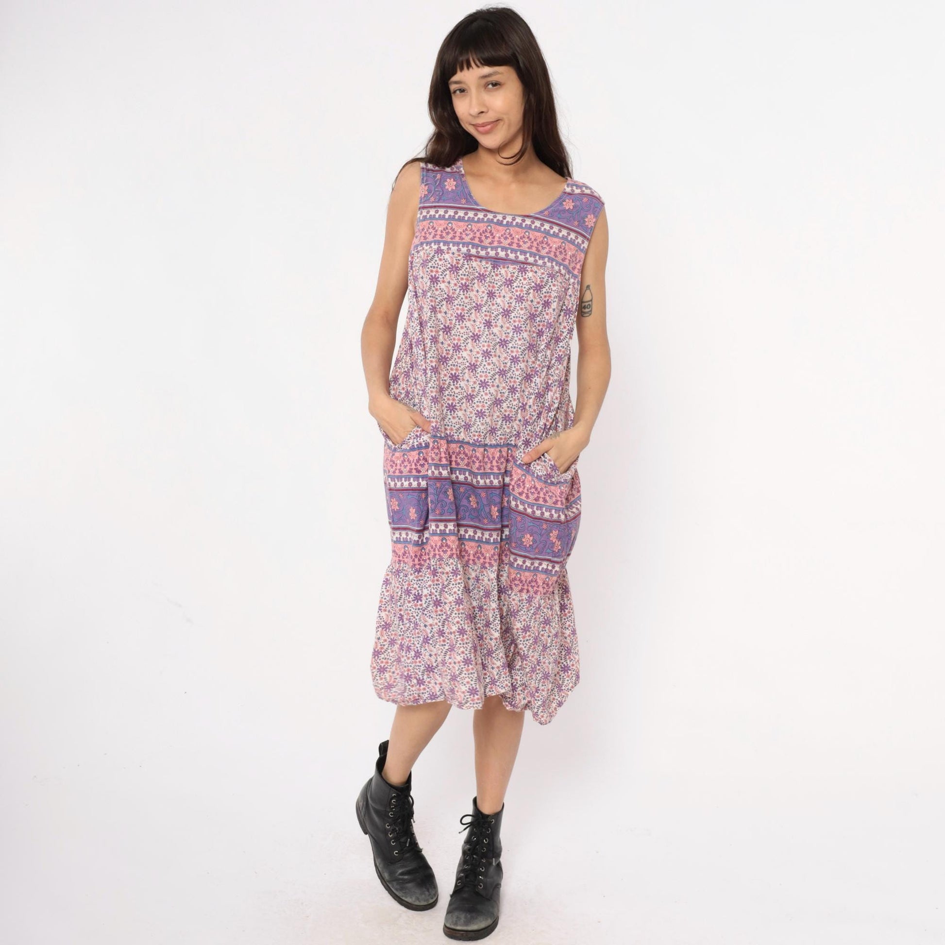 90s La Cera Floral Cotton Maxi Dress Purple Pink Scoop Neck Extra Large XXL