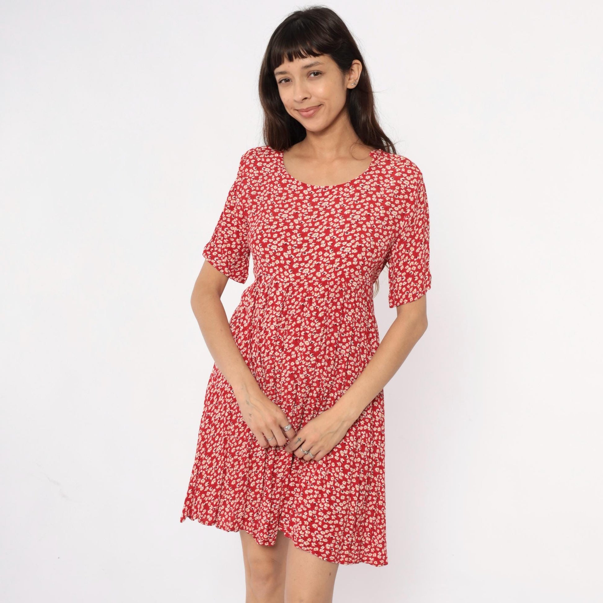 90s Red Daisy Mini Dress Rayon A-Line Scoop Neck Short Sleeve Medium M