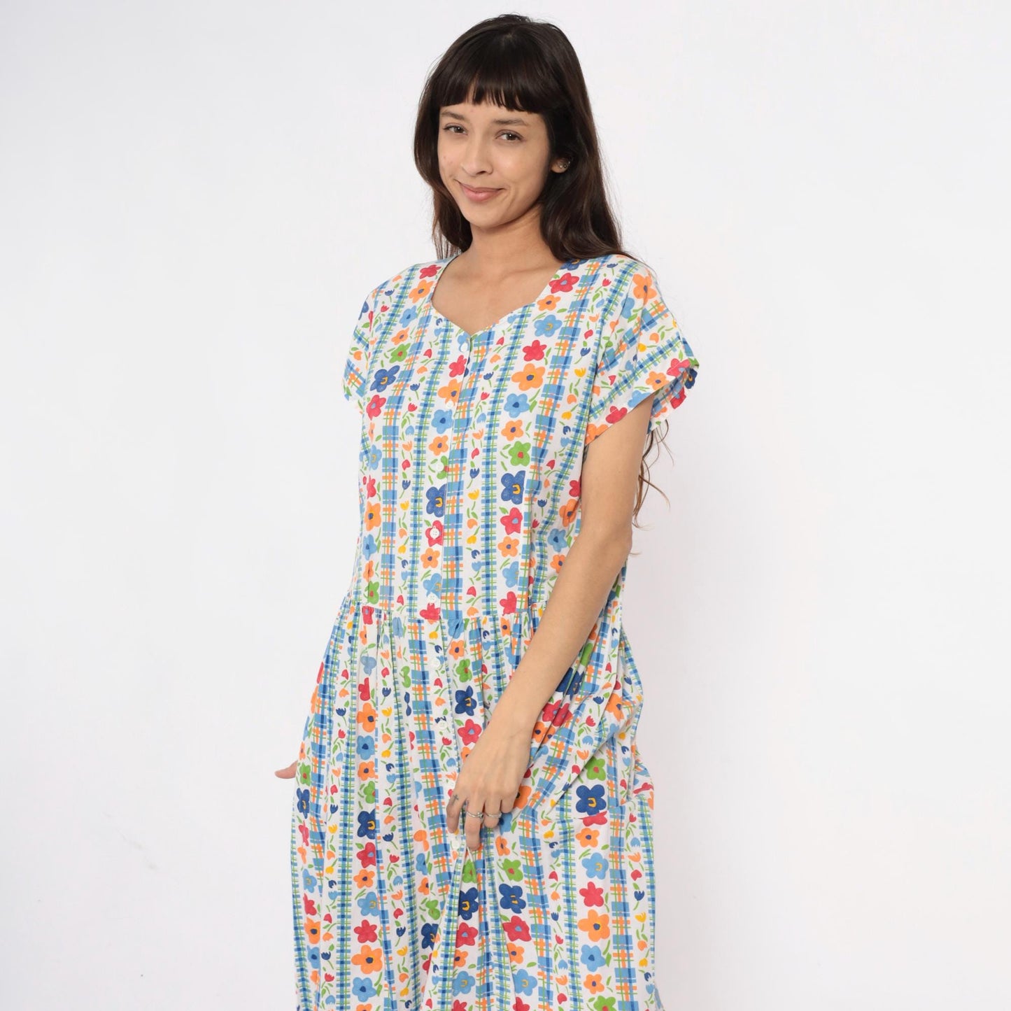 80s Chandni Floral Maxi Dress Button Front Drop Waist Multicolor Large L