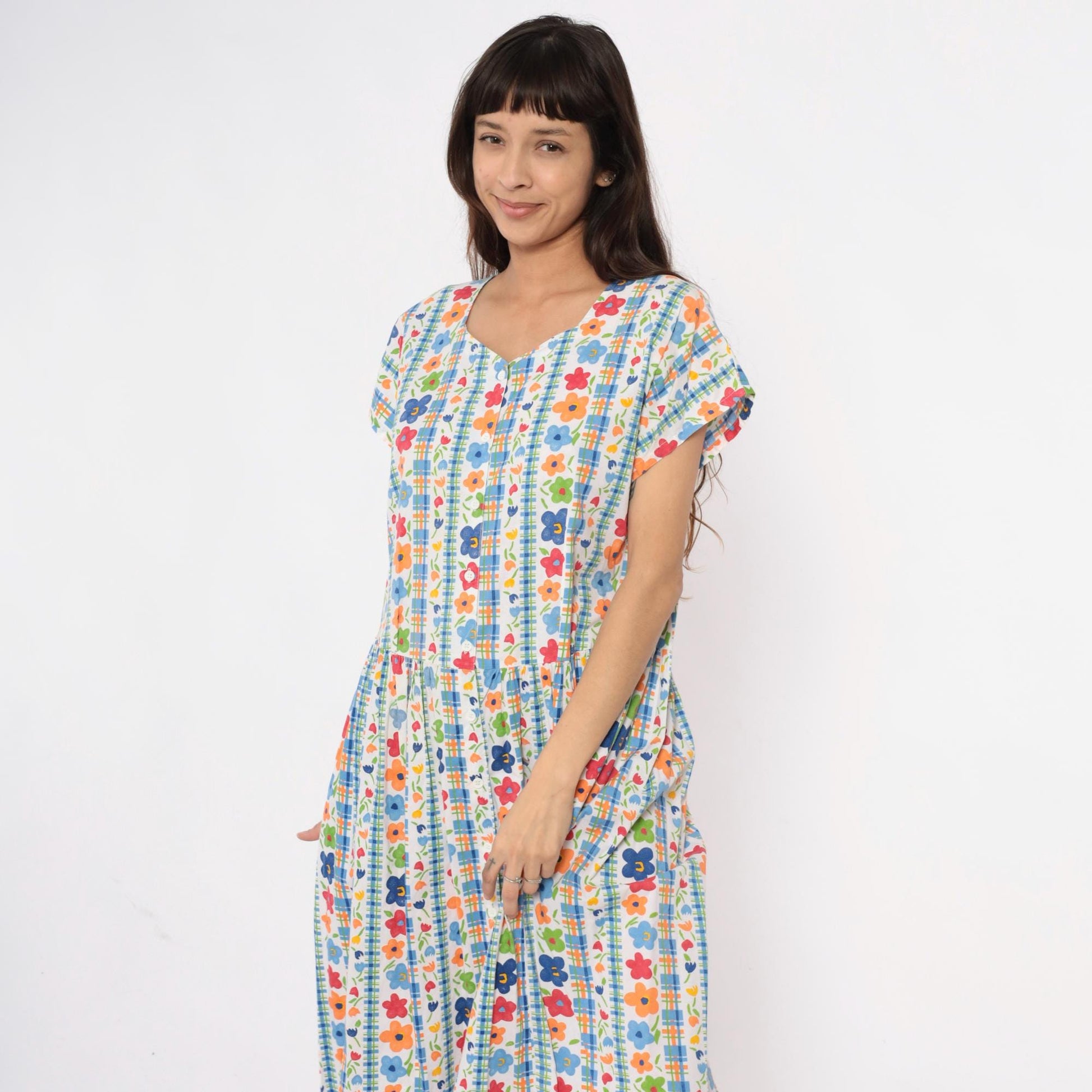 80s Chandni Floral Maxi Dress Button Front Drop Waist Multicolor Large L