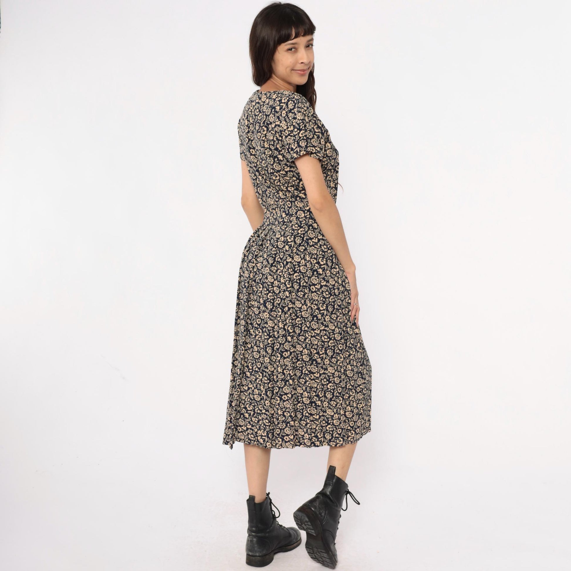 90s Liz Claiborne Floral Midi Dress Navy Cream Short Sleeve Medium