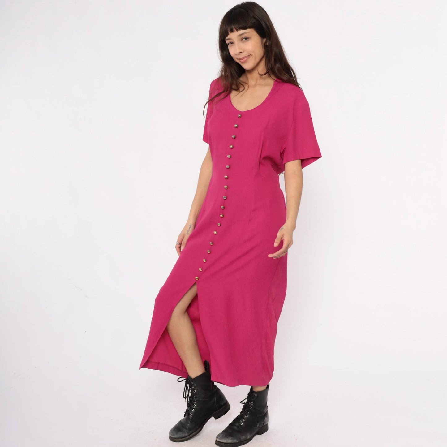 90s Nina Piccalino Hot Pink Maxi Dress V-Neck Button Front Large L