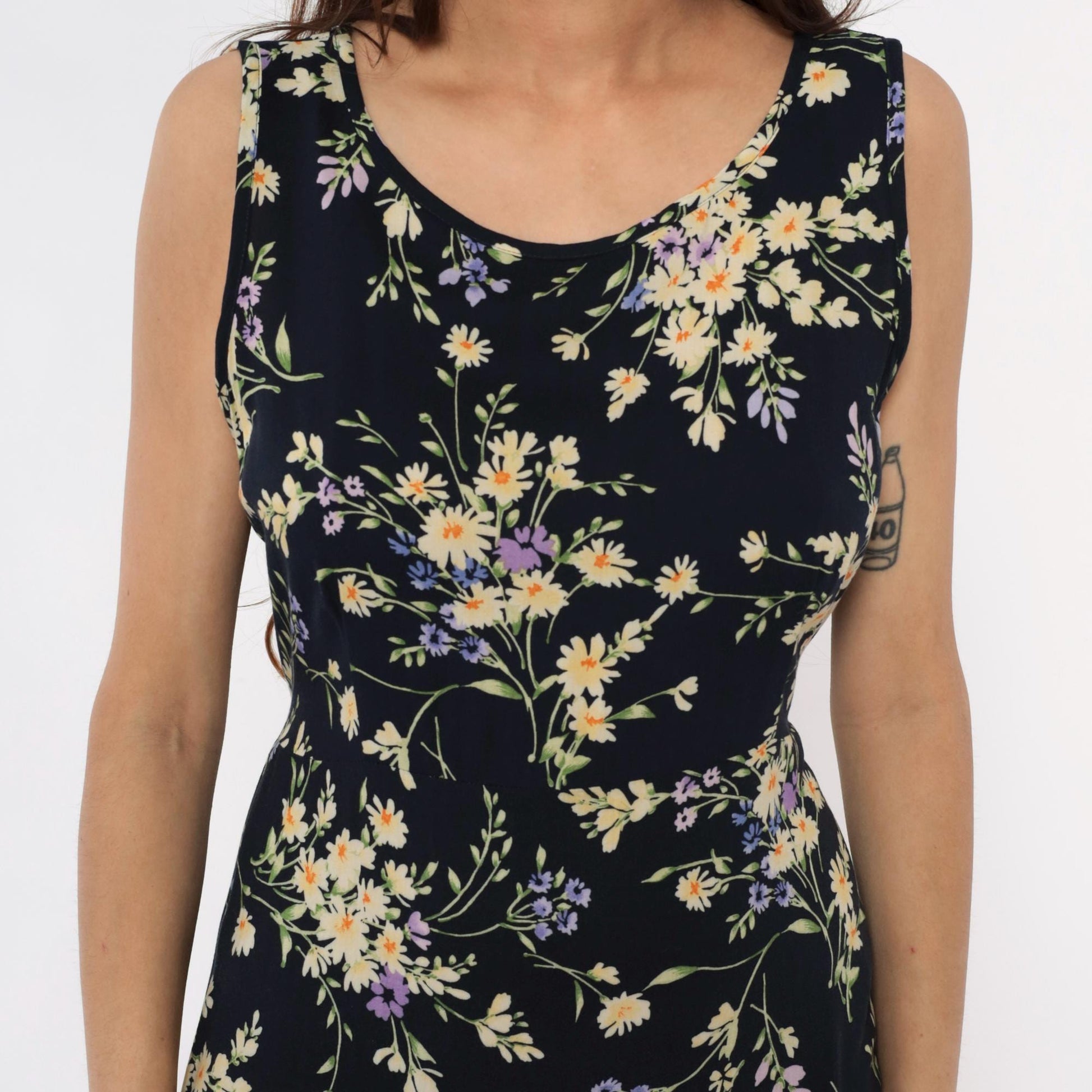 90s California Concepts Floral Maxi Dress Black Yellow Purple Daisy Sleeveless Large