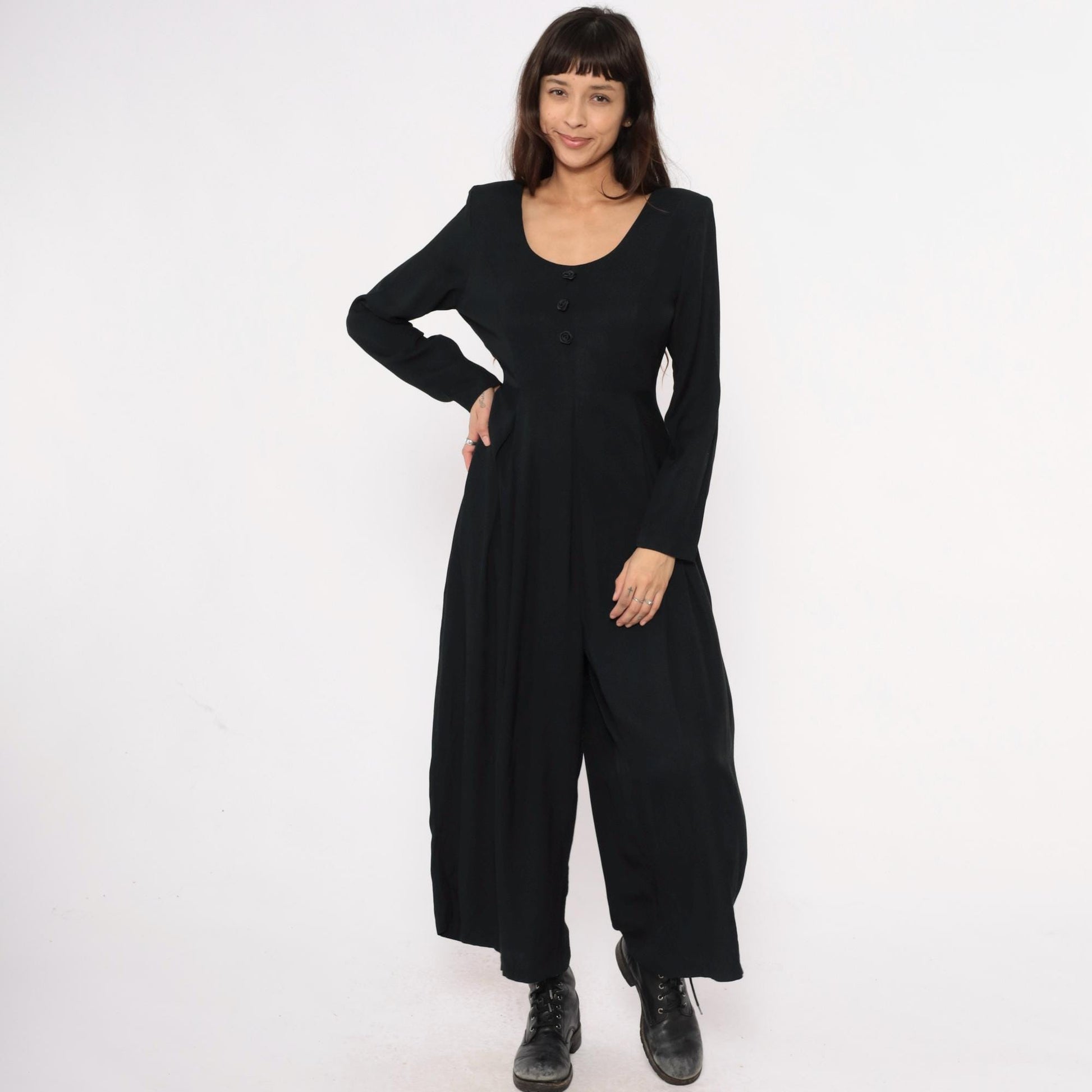 90s Express Black Wide-Leg Jumpsuit Tie Waist Long Sleeve Medium