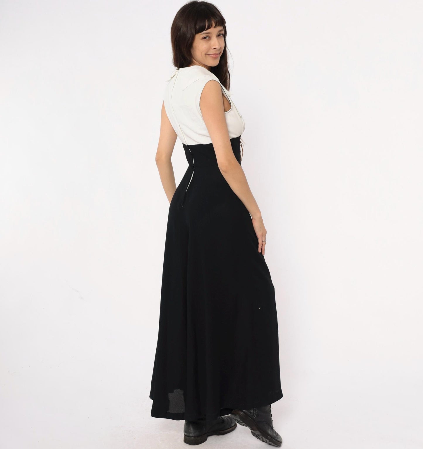 90s Black Cream Colorblock Sleeveless Jumpsuit Rhinestone High Waist Small