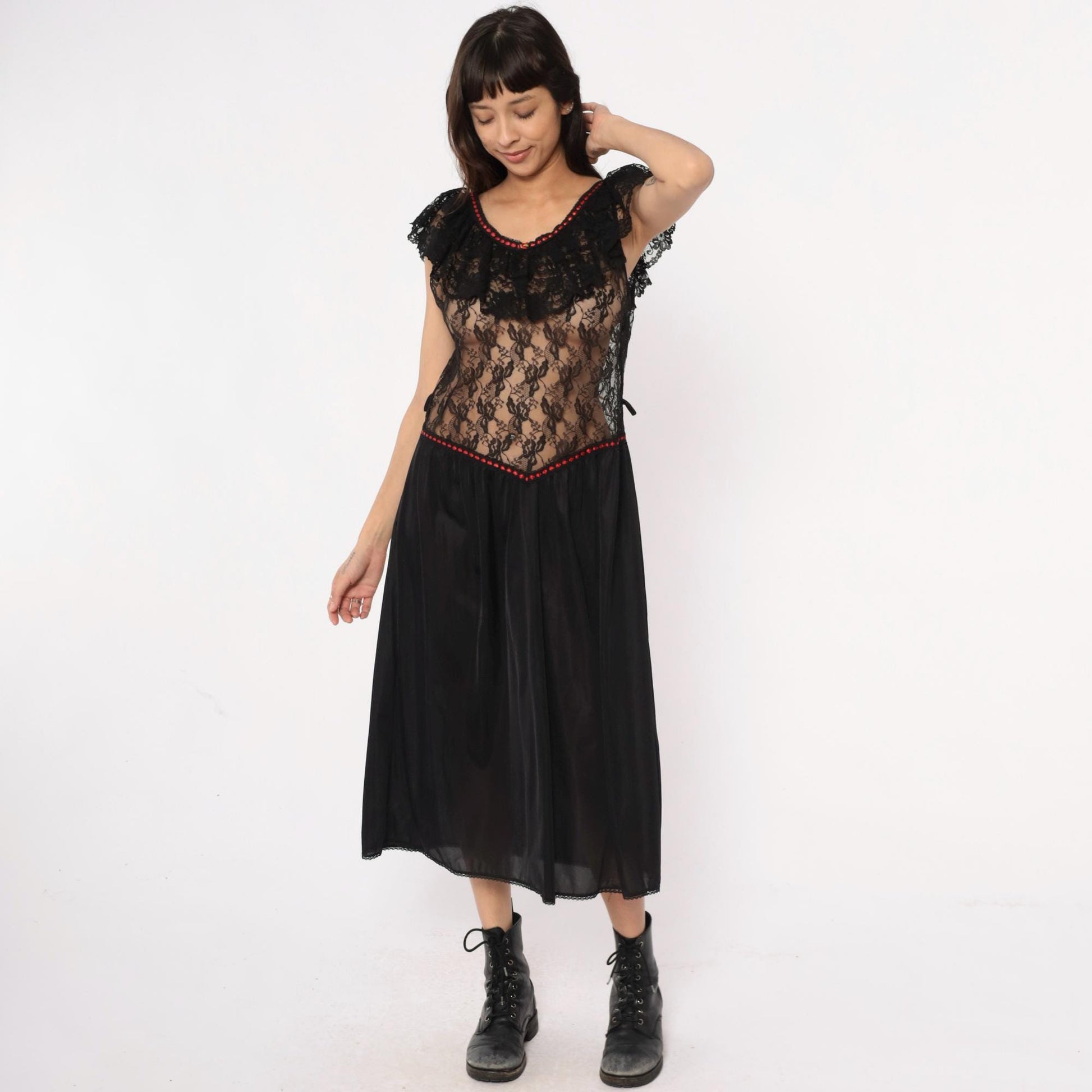 80s Stroke of Midnight Black Lace Nightgown Red Beaded Trim Maxi Large