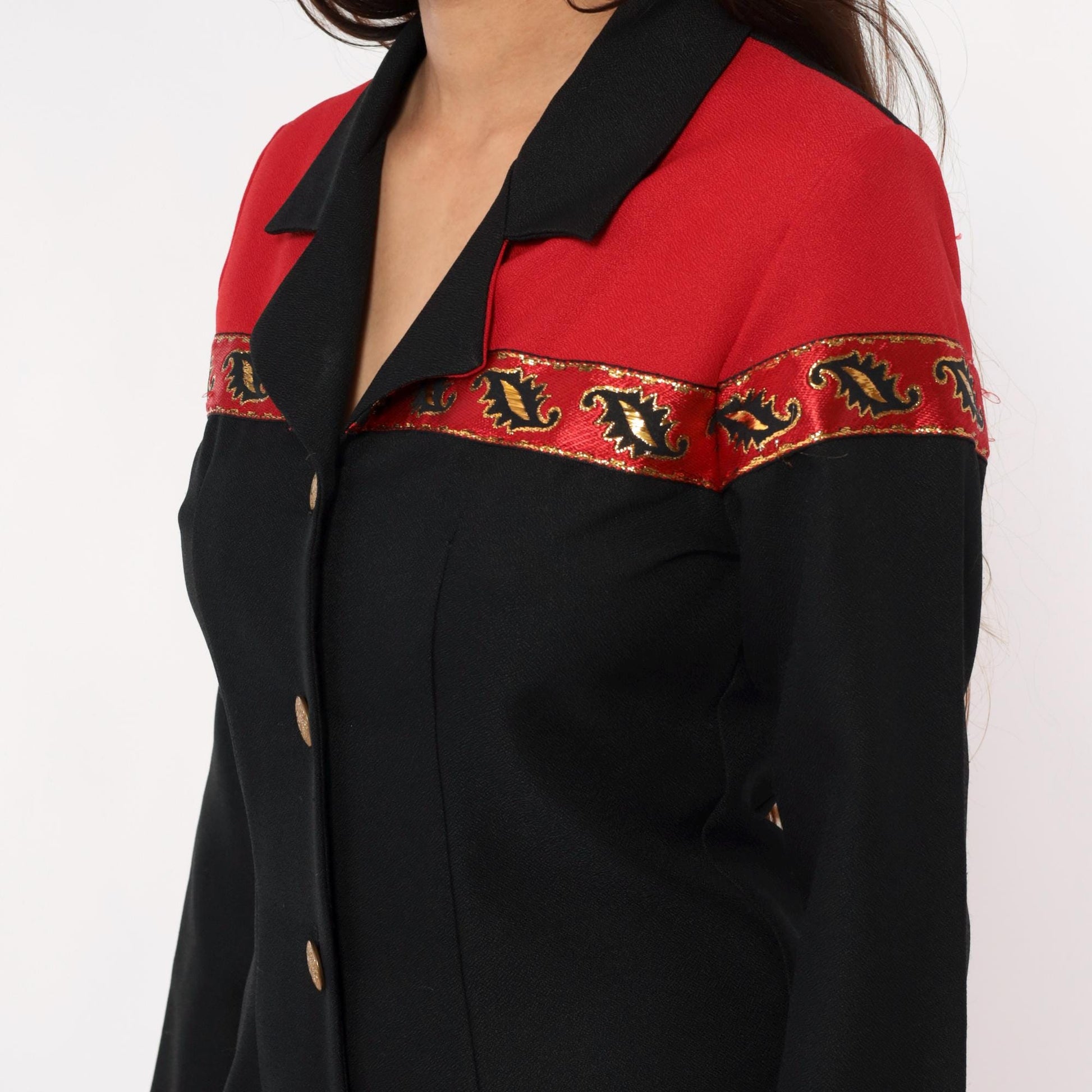 90s Willow Ridge Western Dress Black Red Color Block Gold Embroidered Small