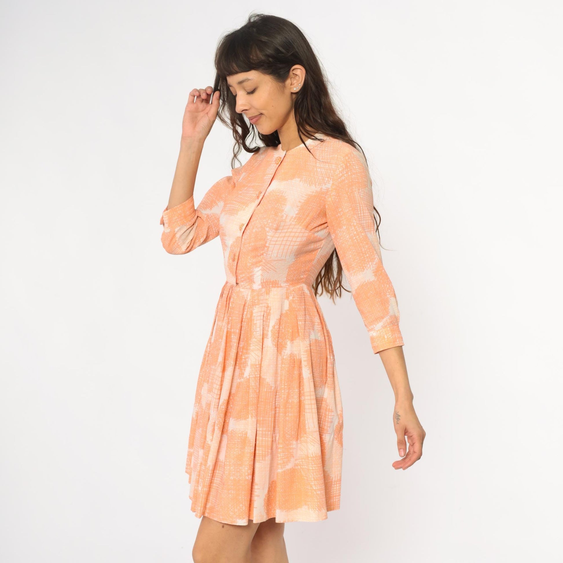 60s Peach Floral Button Front Dress Peter Pan Collar Pleated Skirt XS