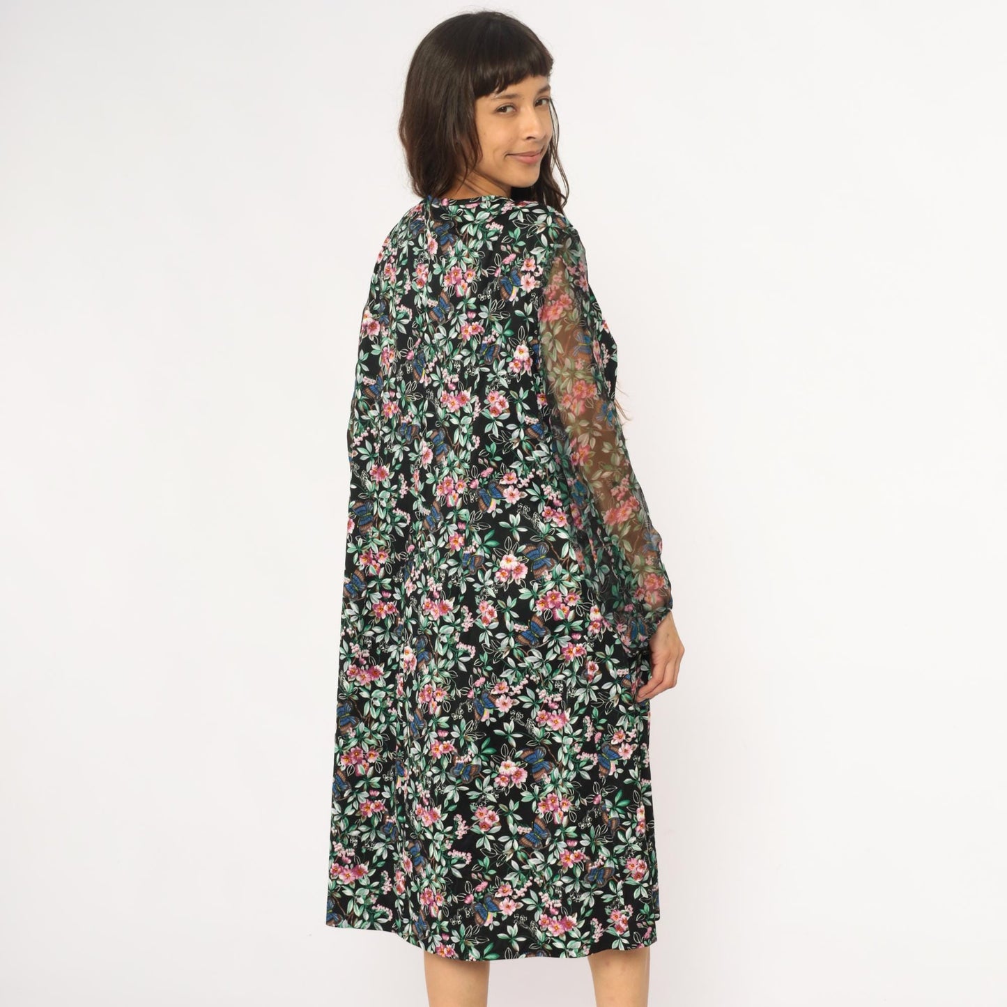 70s Black Floral Midi Dress Butterfly Print V-Neck Long Sleeve Extra Large