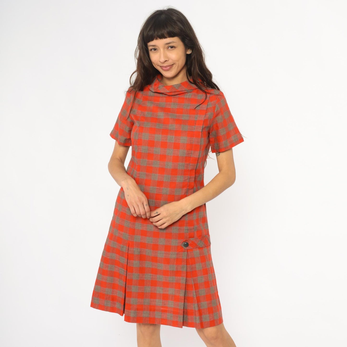 60s Orange Brown Plaid Shift Dress Drop Waist Pointed Collar Small