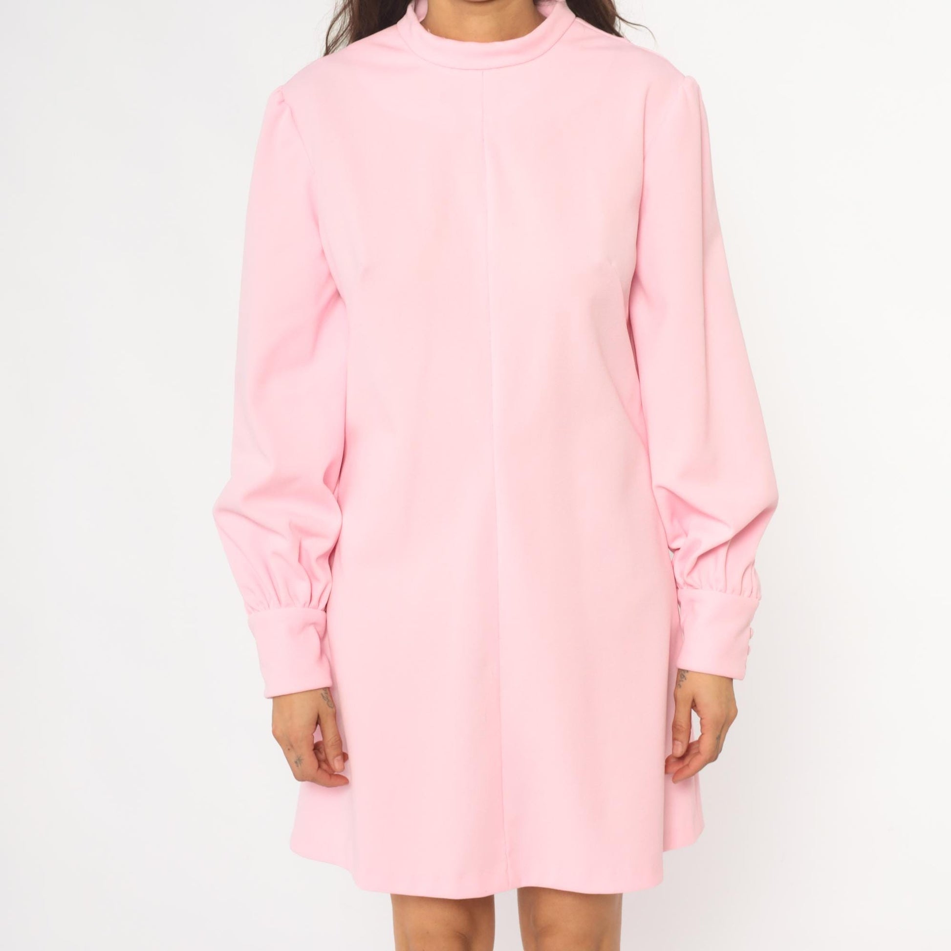 70s Pink Mini Dress Mock Neck Long Sleeve Shift A-Line Puff Sleeve Large L
