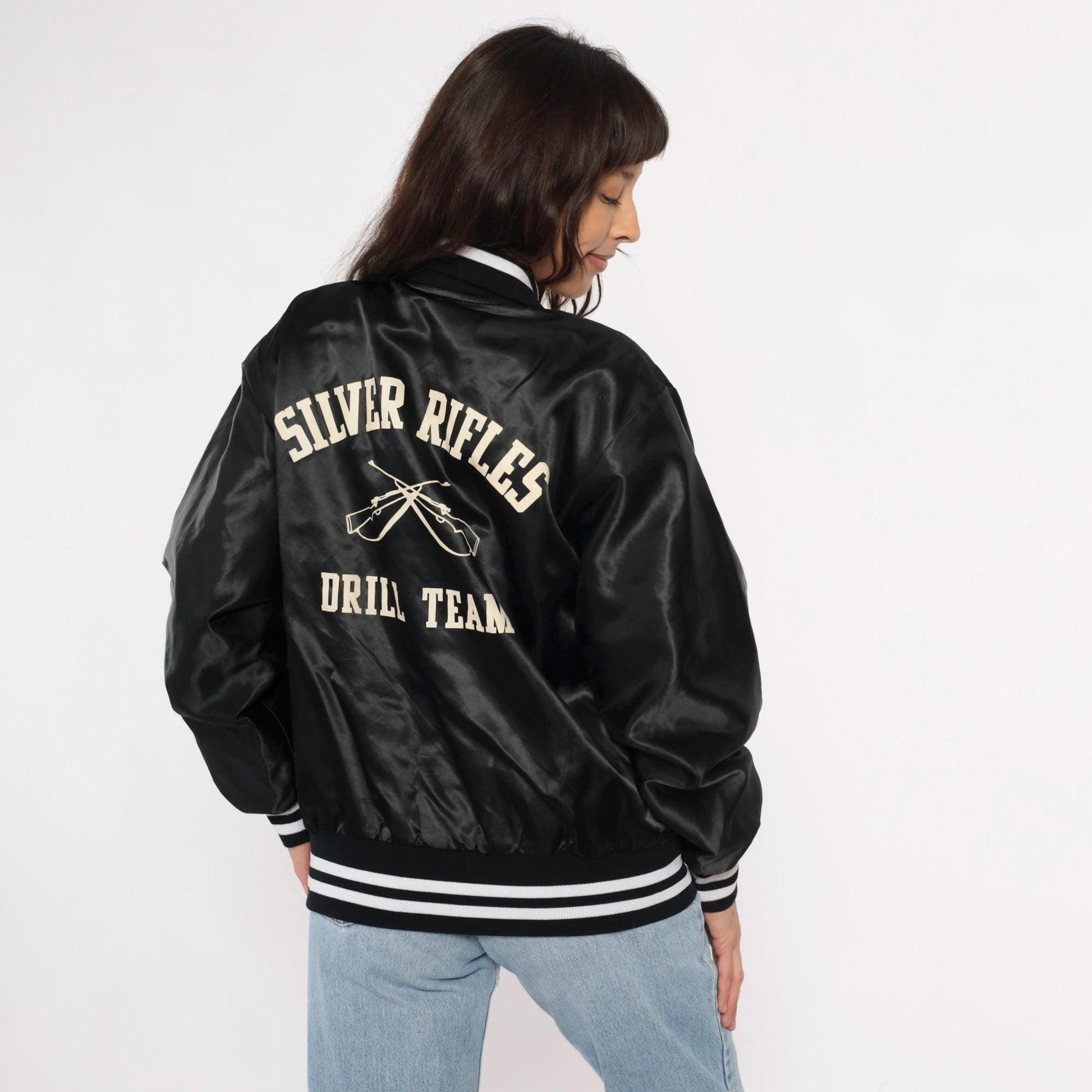 80s Black Satin Varsity Jacket Silver Rifles Drill Team Embroidered Medium