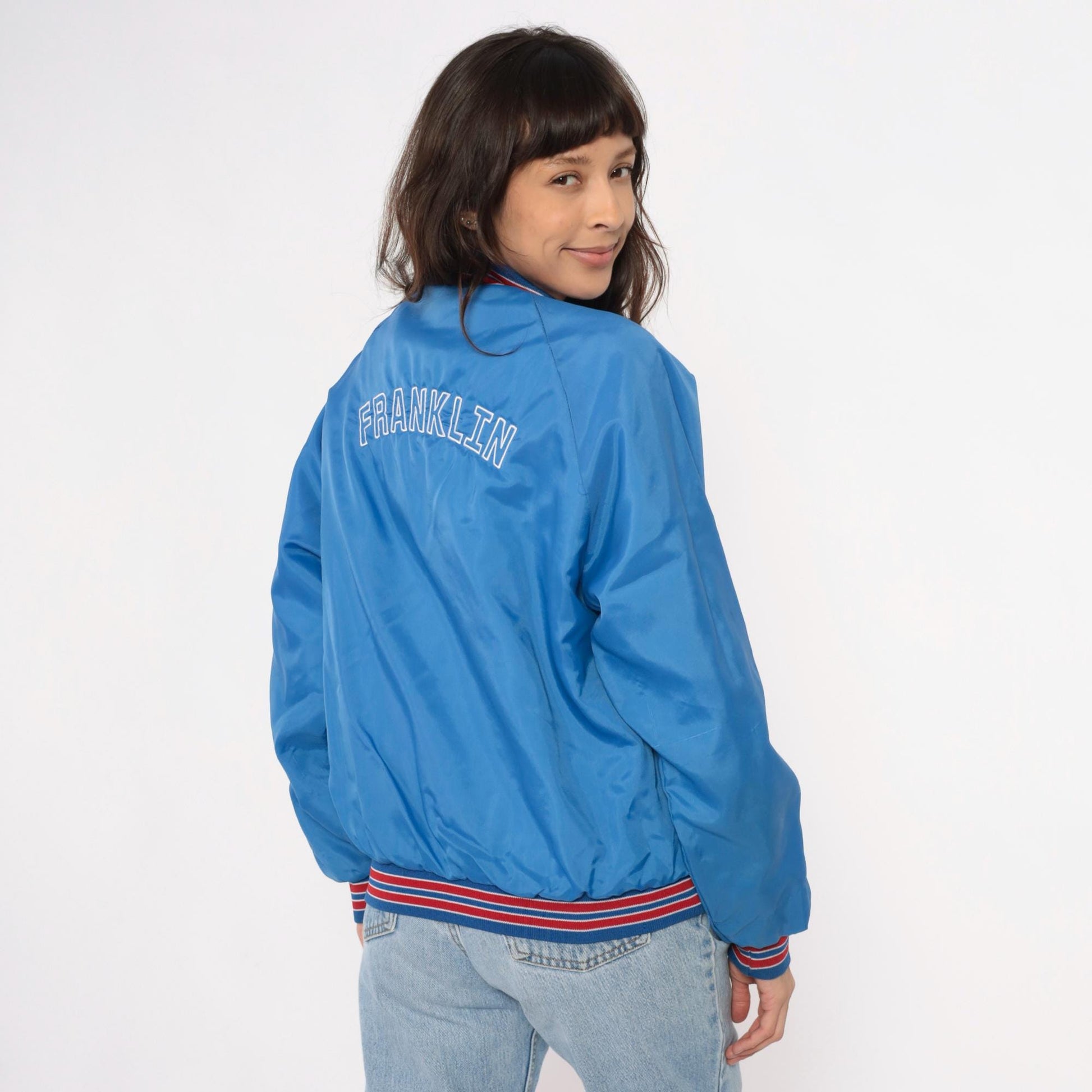 90s Franklin Varsity Jacket Blue Nylon Bomber Snap Front Small S