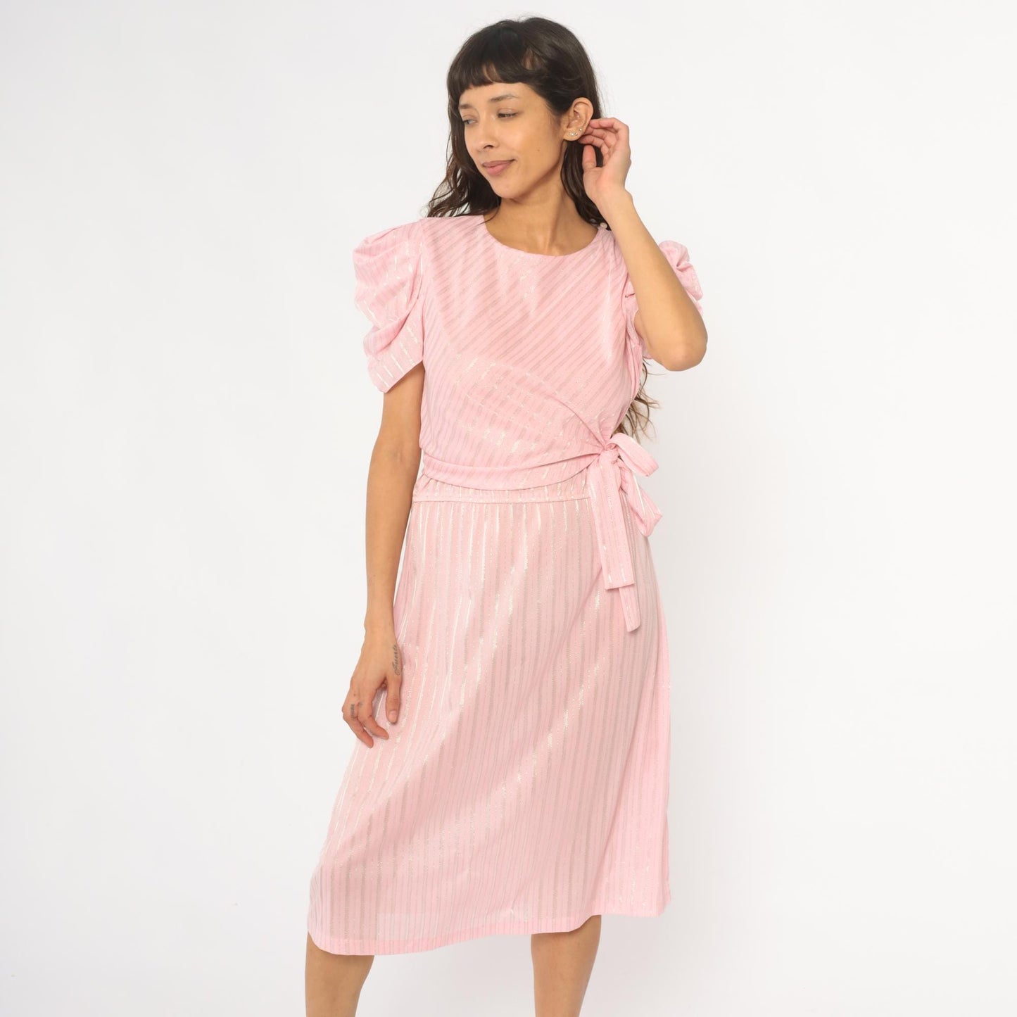 80s Pink Diagonal Stripe Midi Dress Puff Sleeve Tie Waist Small