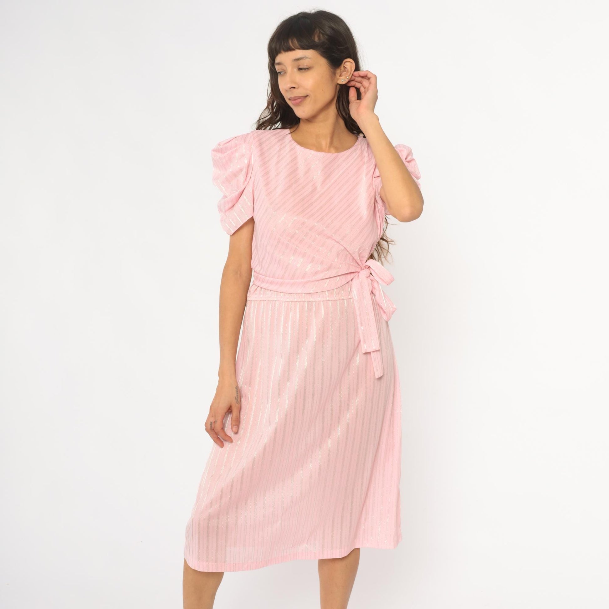 80s Pink Diagonal Stripe Midi Dress Puff Sleeve Tie Waist Small