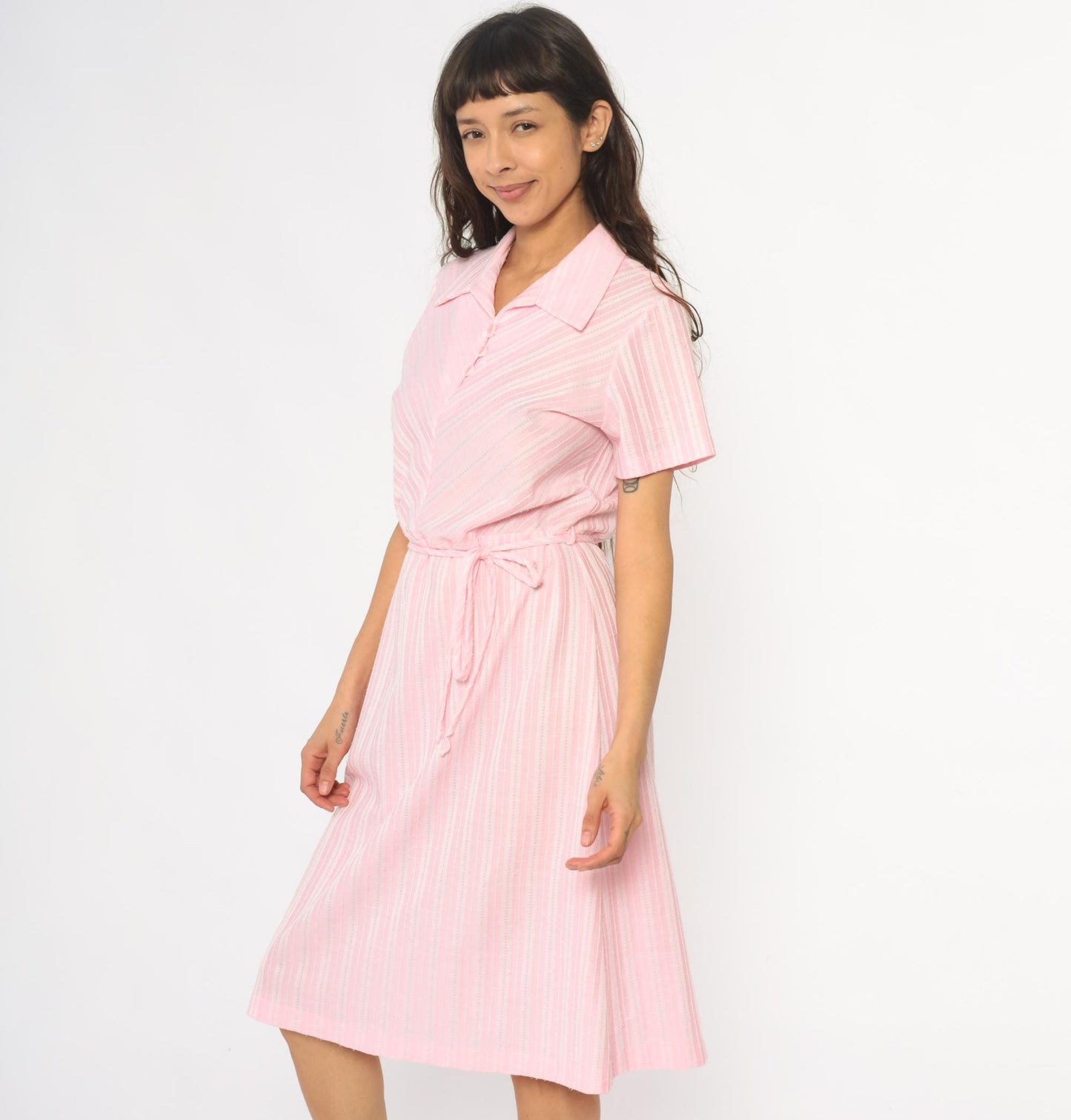 80s Pink Striped Shirt Dress Midi Polo Collar Button Front Medium
