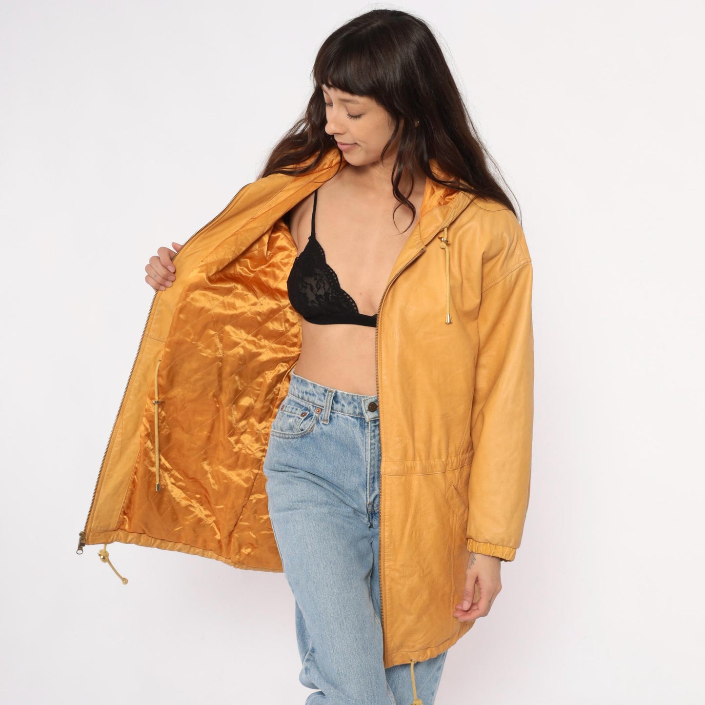 90s Wilsons Leather Hooded Jacket Mustard Yellow Zip Parka Medium M