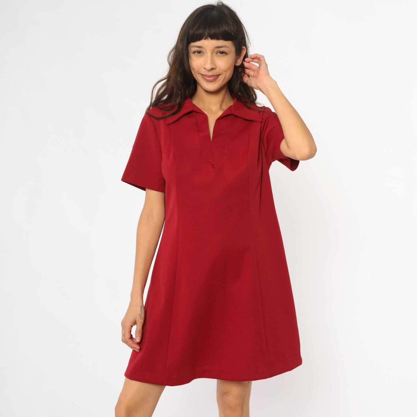70s Lorac Burgundy Polo Shift Dress Knee-Length Short Sleeve Large L