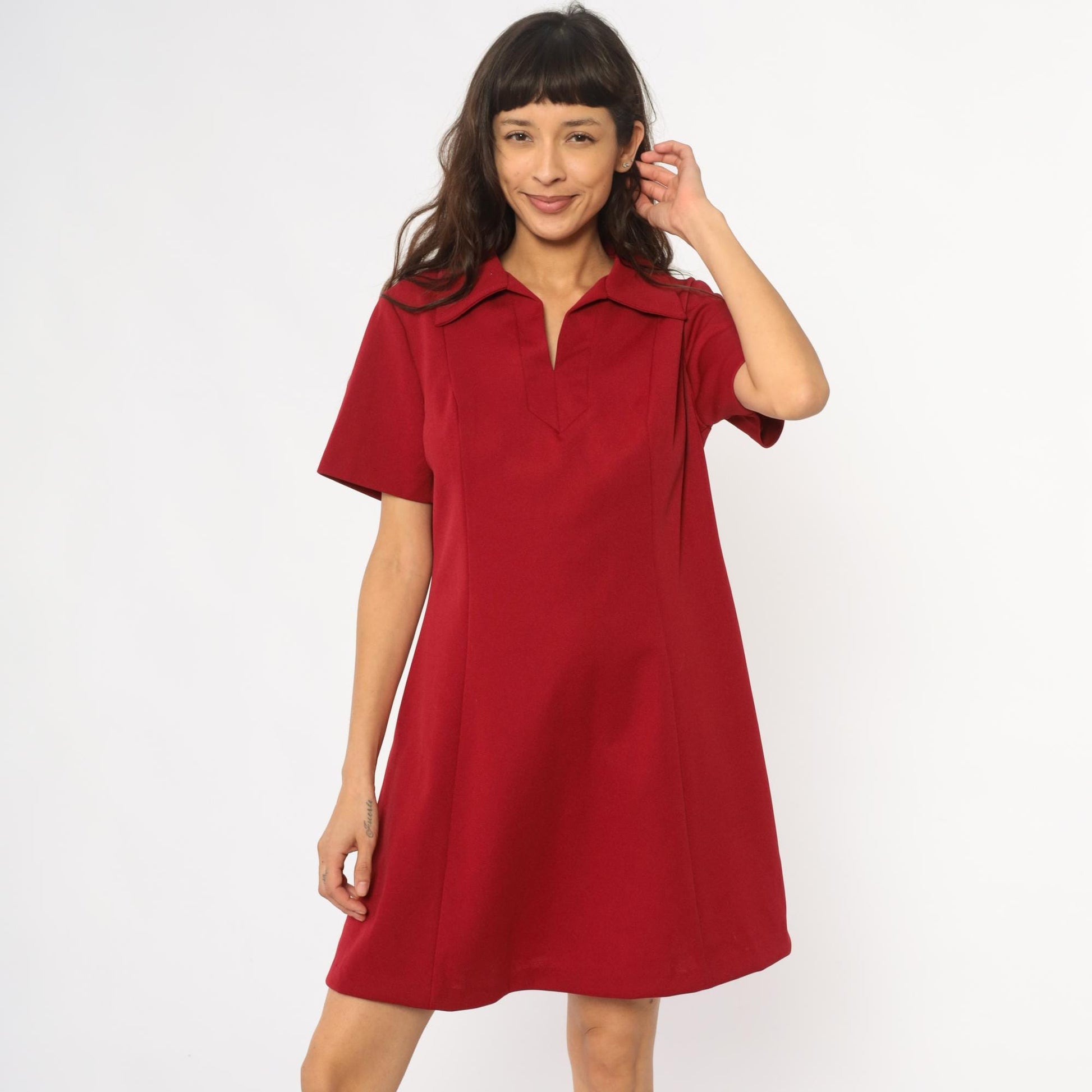 70s Lorac Burgundy Polo Shift Dress Knee-Length Short Sleeve Large L