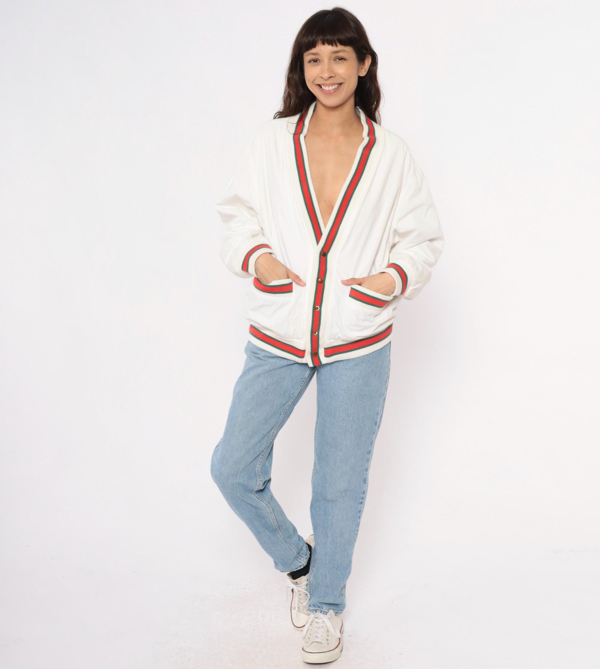 80s Cream Cardigan Red Green Striped Ribbed Trim Cotton Preppy Medium