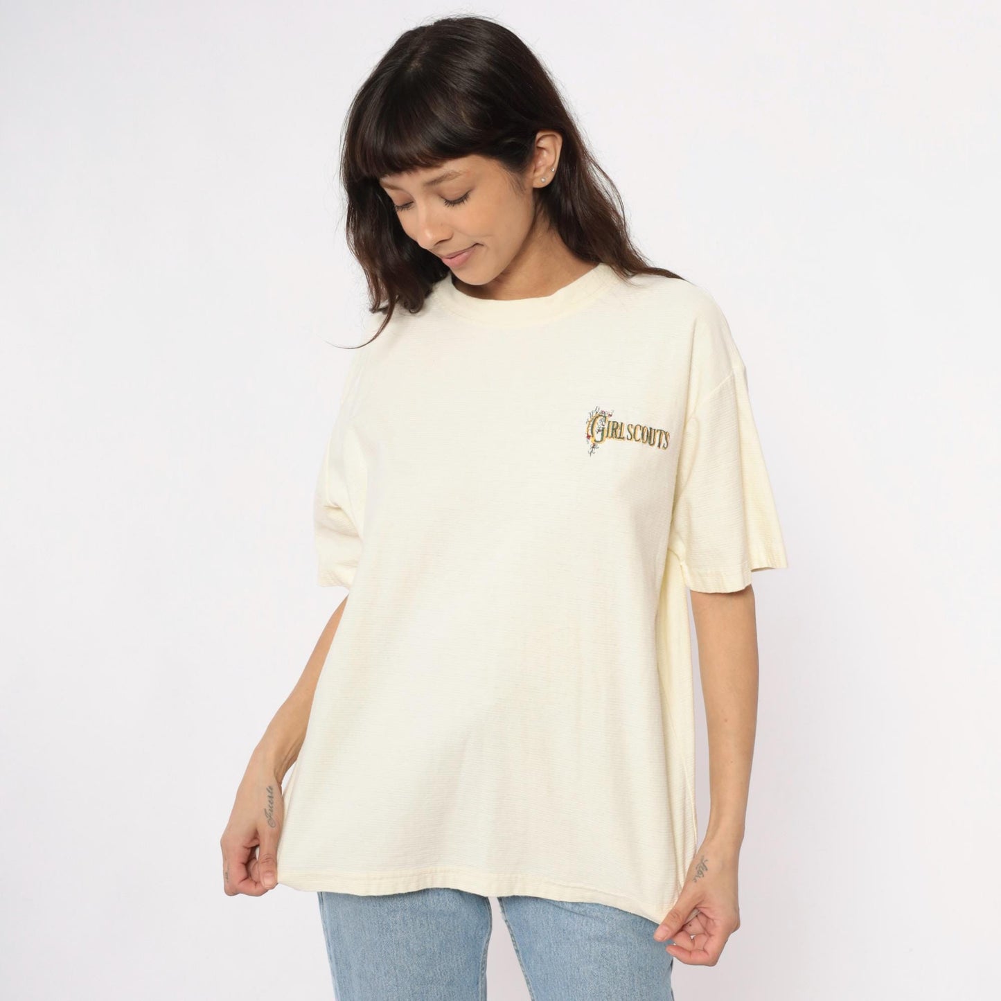 90s Girl Scouts Embroidered Logo Cotton Tee Cream Large L
