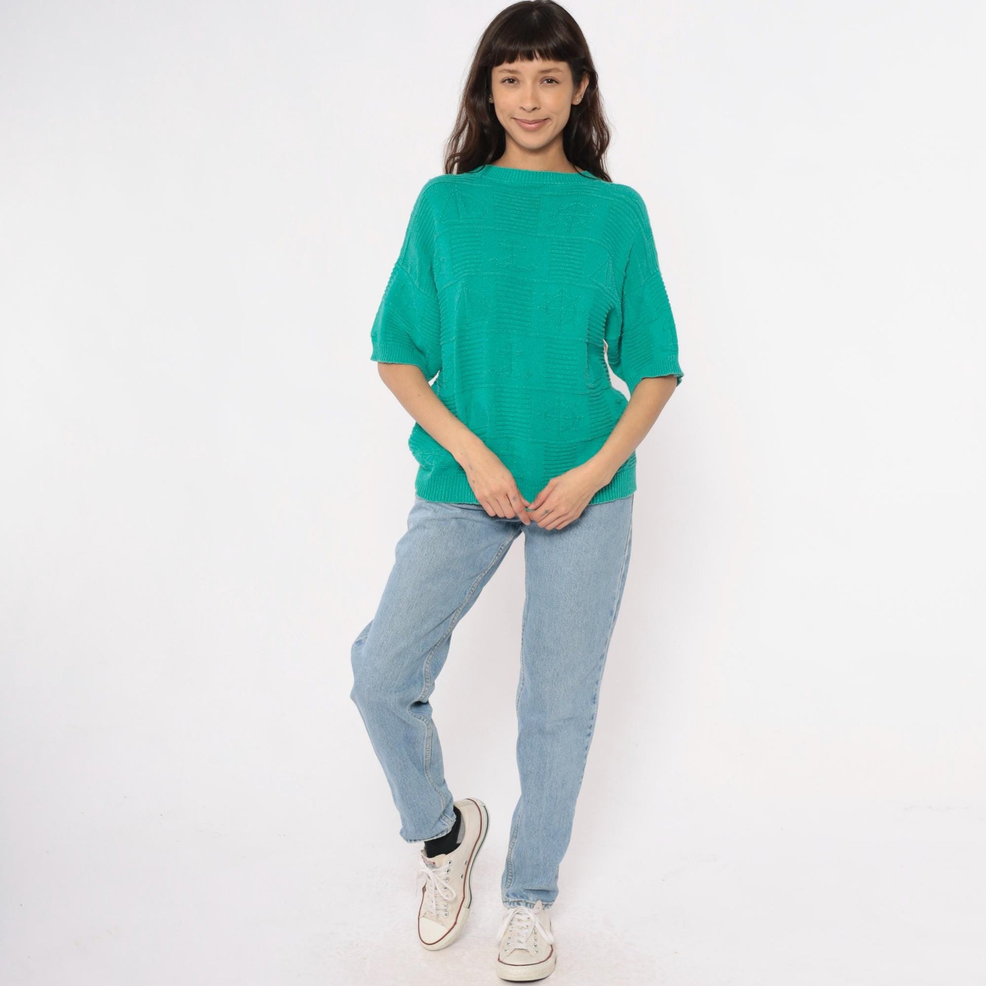 80s Turquoise Knit Sweater Short Sleeve Crew Neck Geometric Pattern Large L