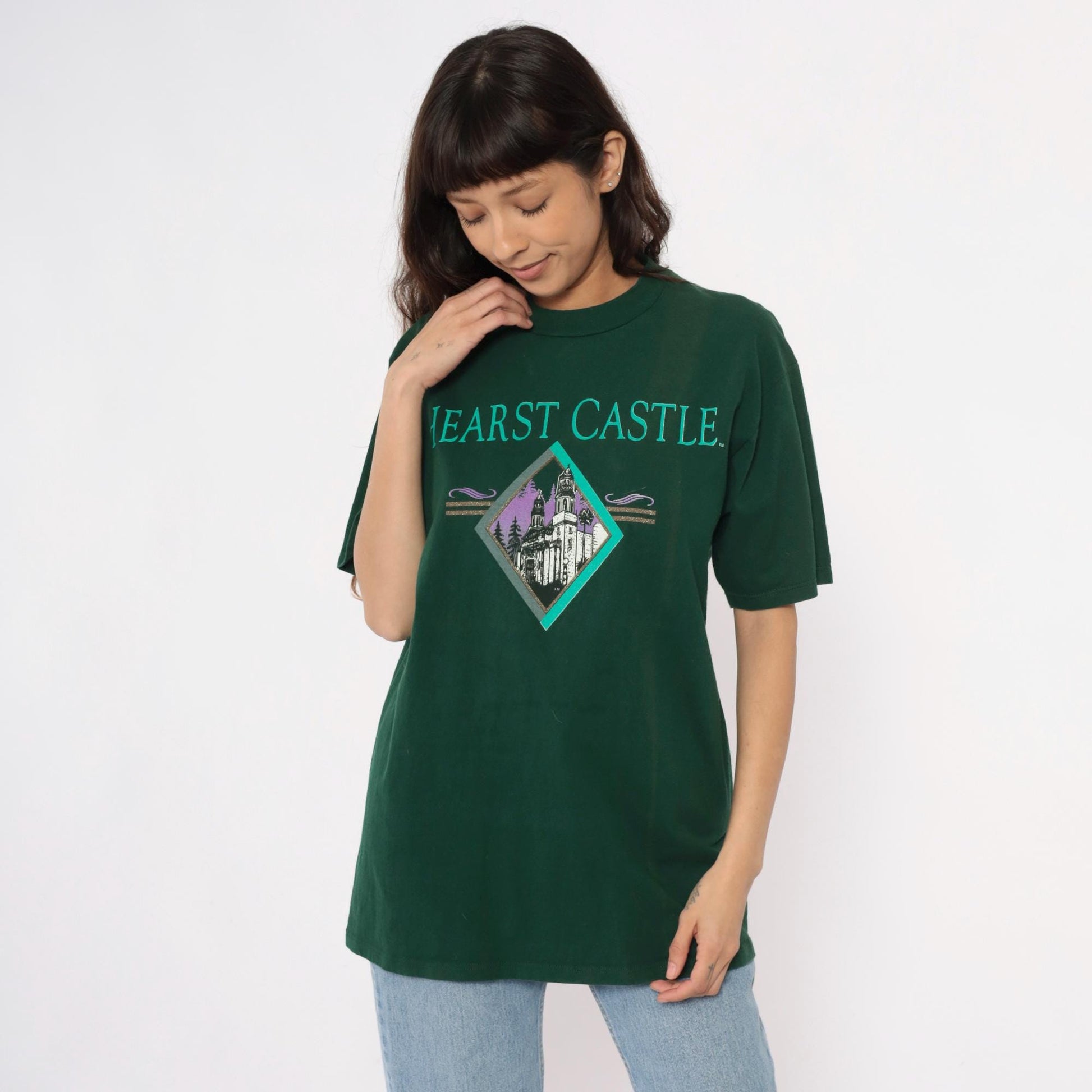 90s Hearst Castle California Tourist Tee Forest Green Cotton Graphic Large L