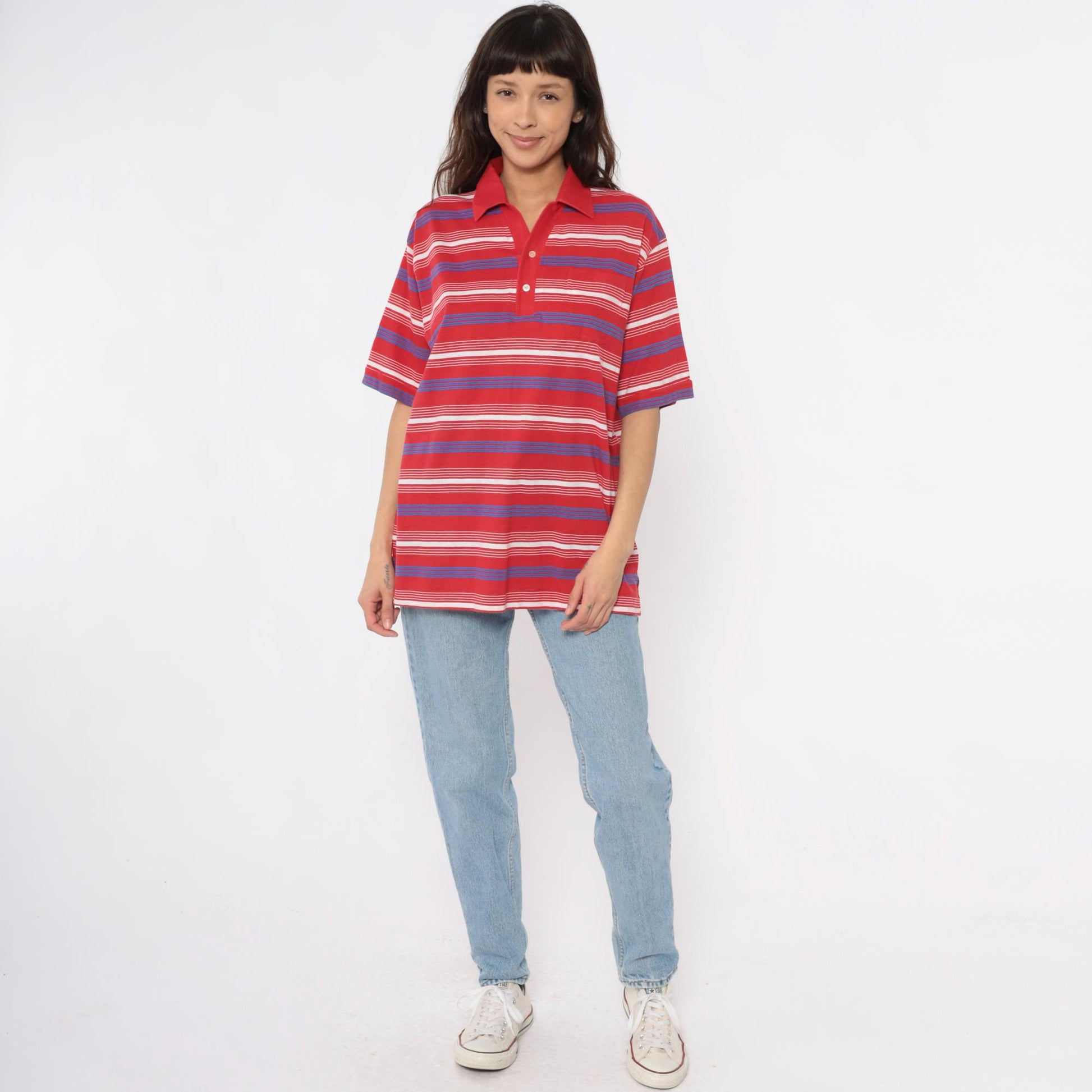 80s Red Striped Polo Shirt White Blue Horizontal Stripes Collared Extra Large XL
