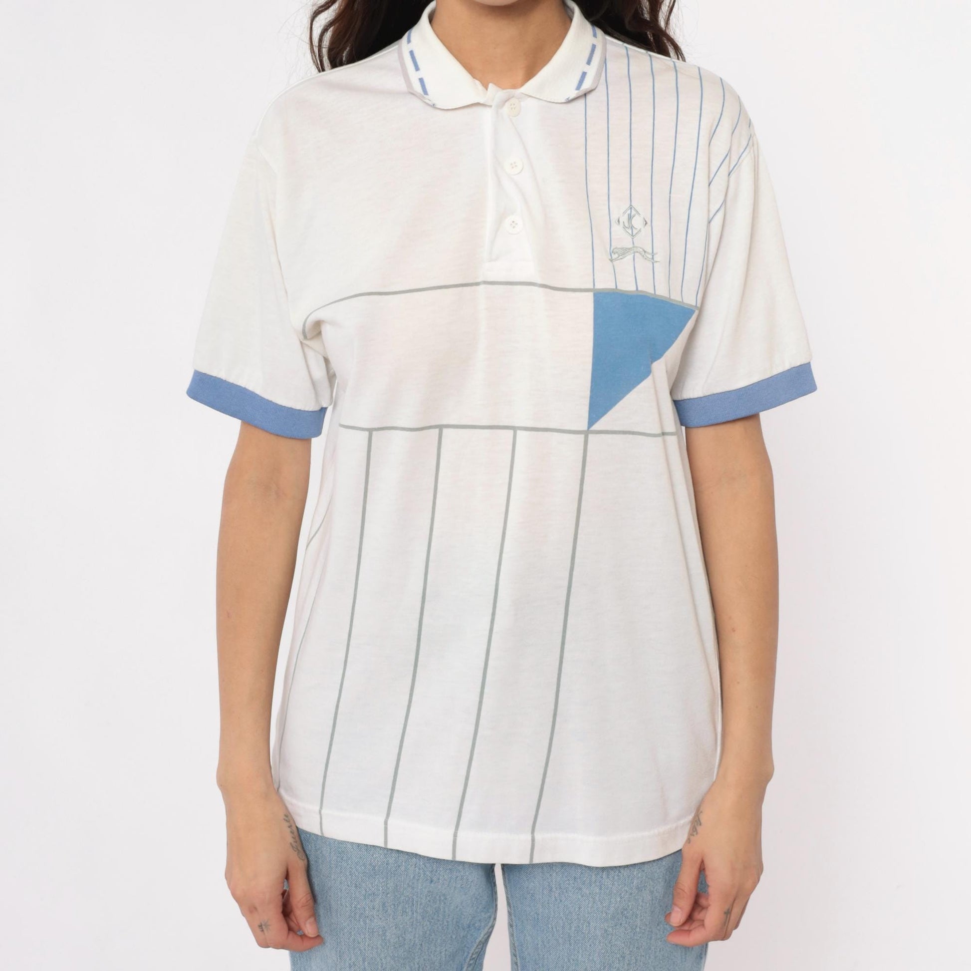 80s Jimmy Connors Slazenger Tennis Polo White Blue Stripe Geometric Medium