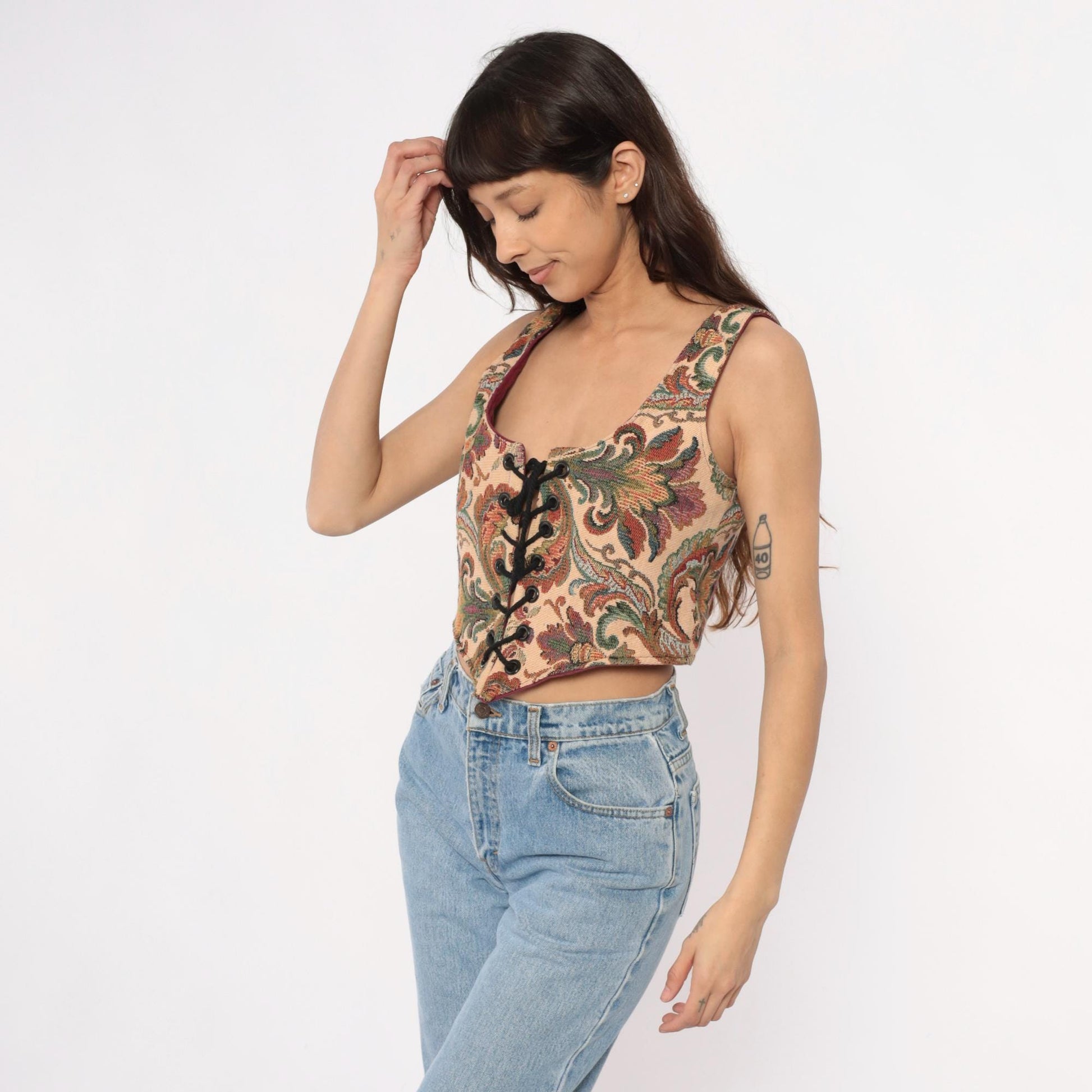 90s B Coole Designs Tapestry Lace-Up Vest Paisley Green Beige Small