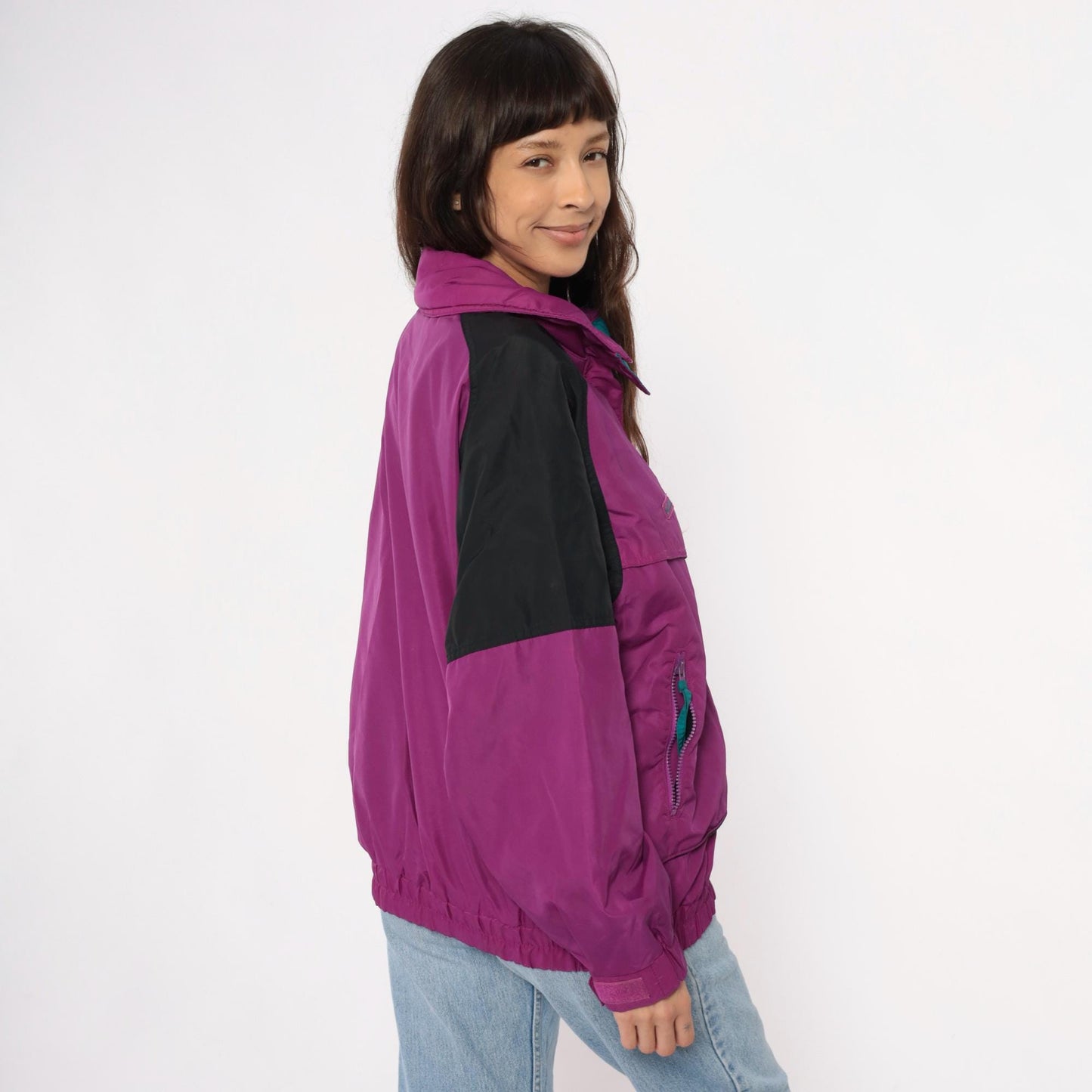90s Columbia Magenta Windbreaker Colorblock Jacket Teal Trim Large L