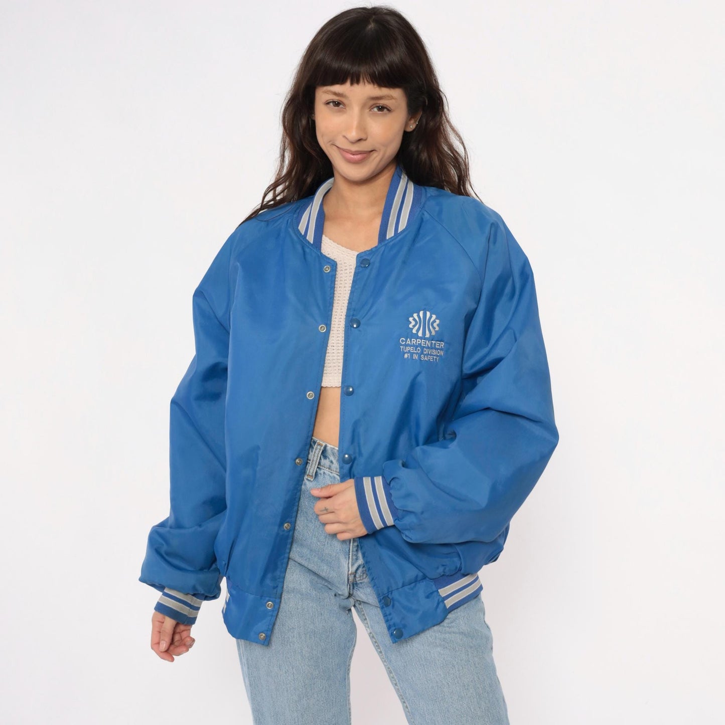 80s Blue Bomber Jacket Carpenter Tupelo Division Snap Button Raglan Medium