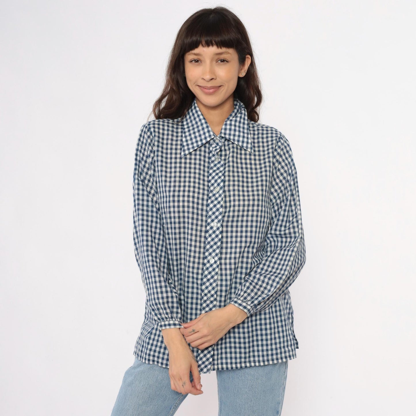 80s Lane Bryant Navy Gingham Check Button-Up Blouse Peter Pan Collar Plus Size XXL