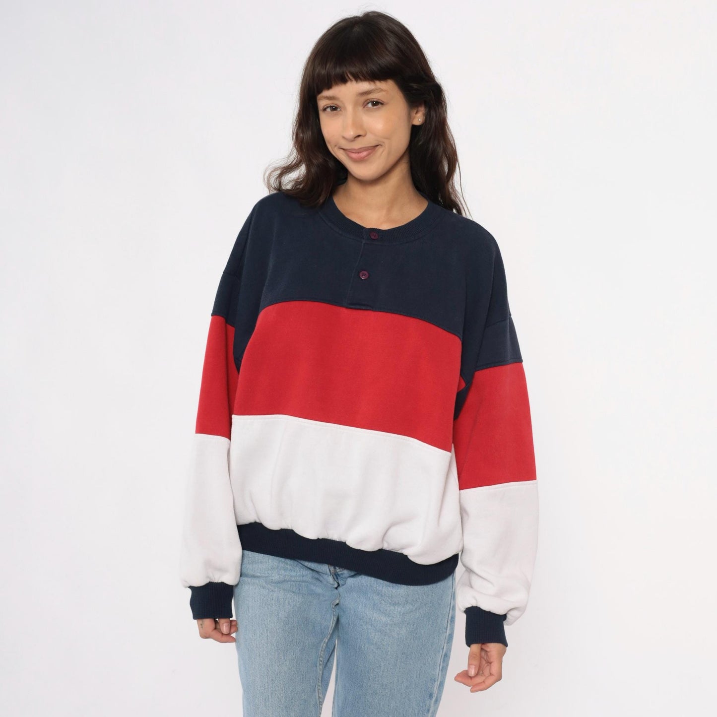 80s Color Block Sweatshirt Navy Red White Striped Henley Button Neck Medium