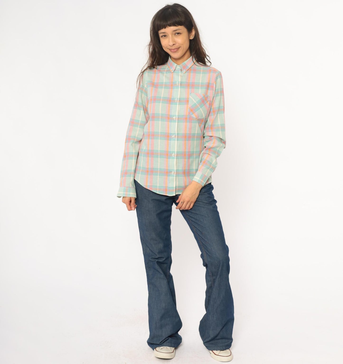 90s Pastel Plaid Button-Down Shirt Long Sleeve Collared Medium M