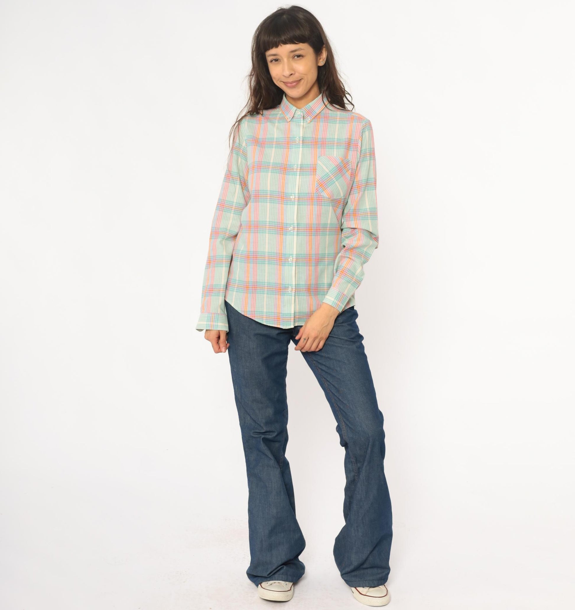 90s Pastel Plaid Button-Down Shirt Long Sleeve Collared Medium M