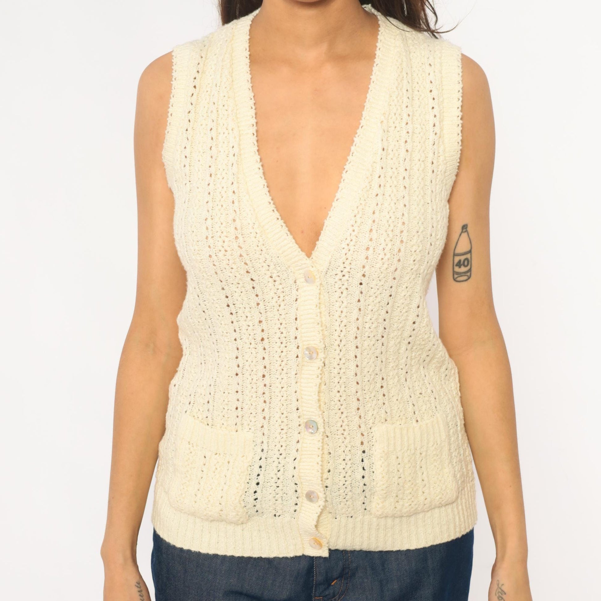 70s Cream Crochet Vest Pointelle Knit Sleeveless Cardigan Small S