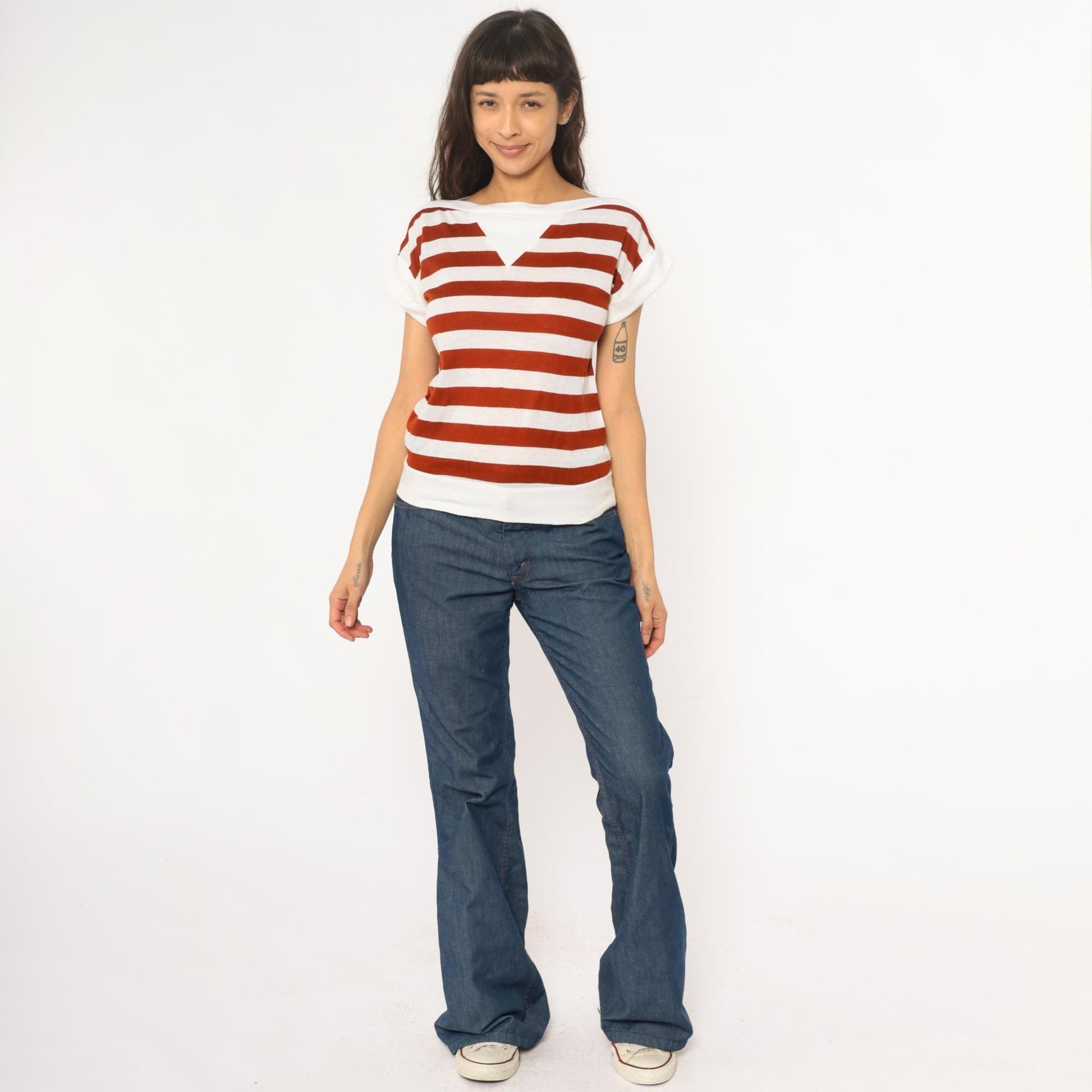 80s Rust & White Striped Boat Neck Tee Cotton Short Sleeve Small