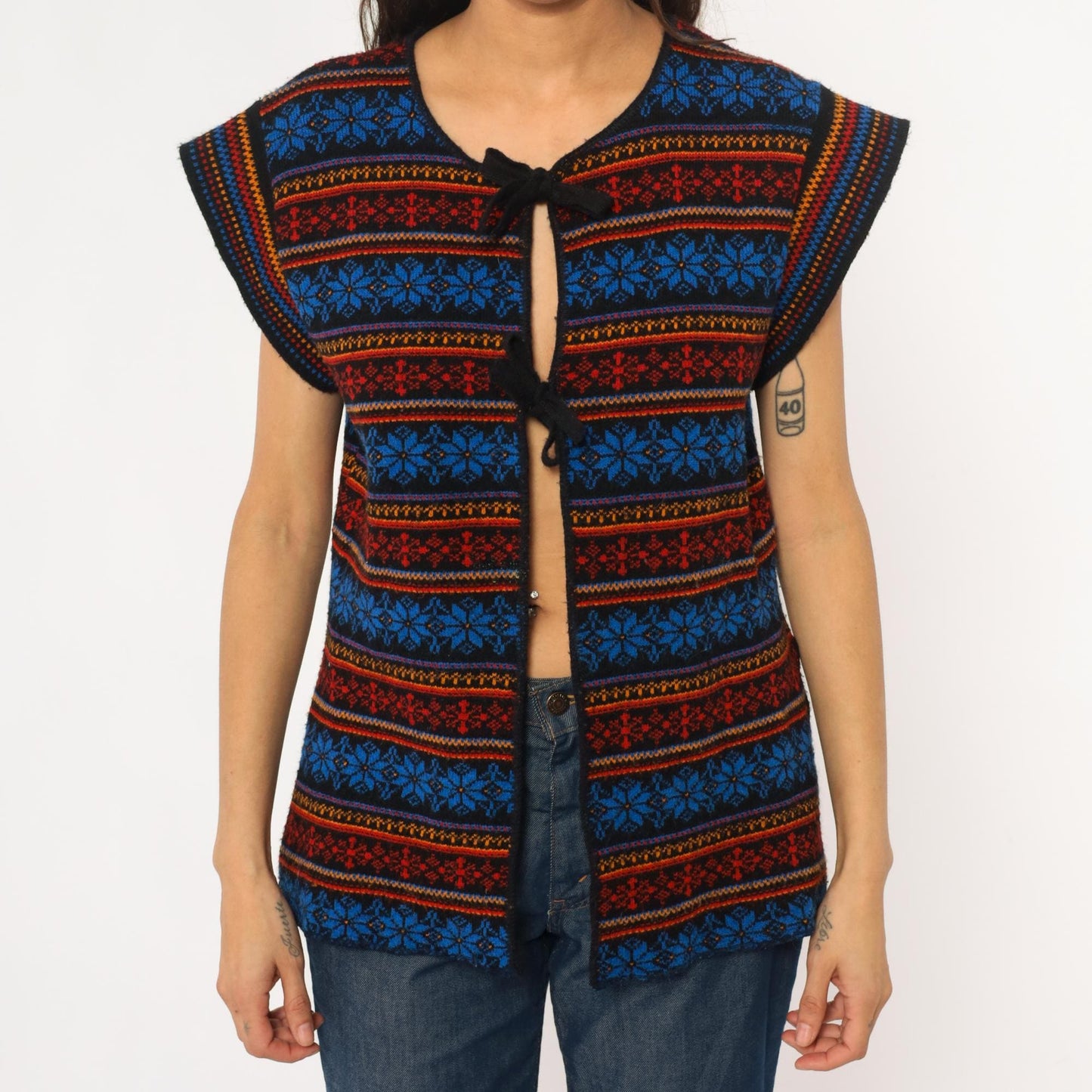 70s Southwestern Fair Isle Vest Tie Front Snowflake Knit Small