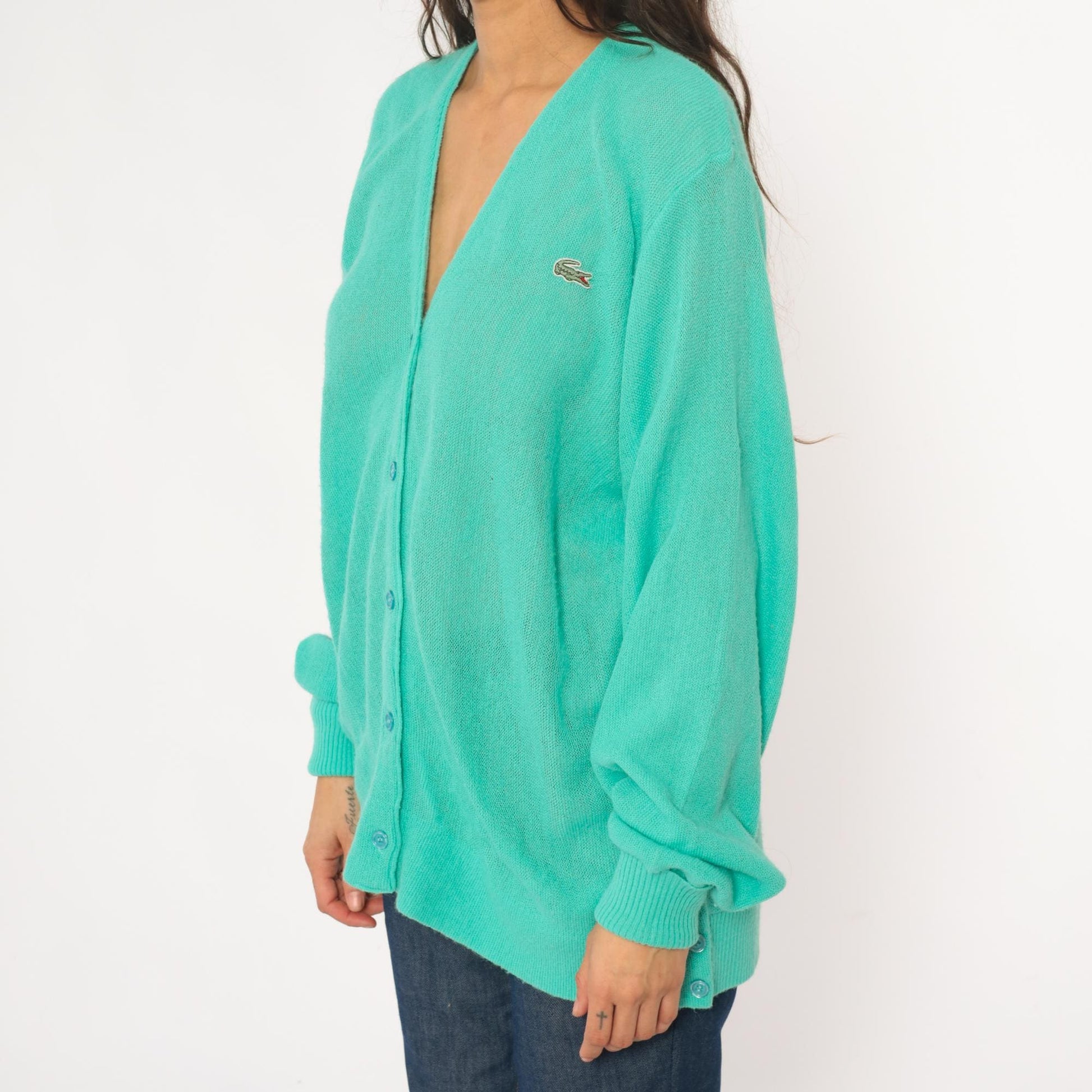 80s Lacoste Izod Turquoise Cardigan Crocodile Logo V-Neck Knit Medium
