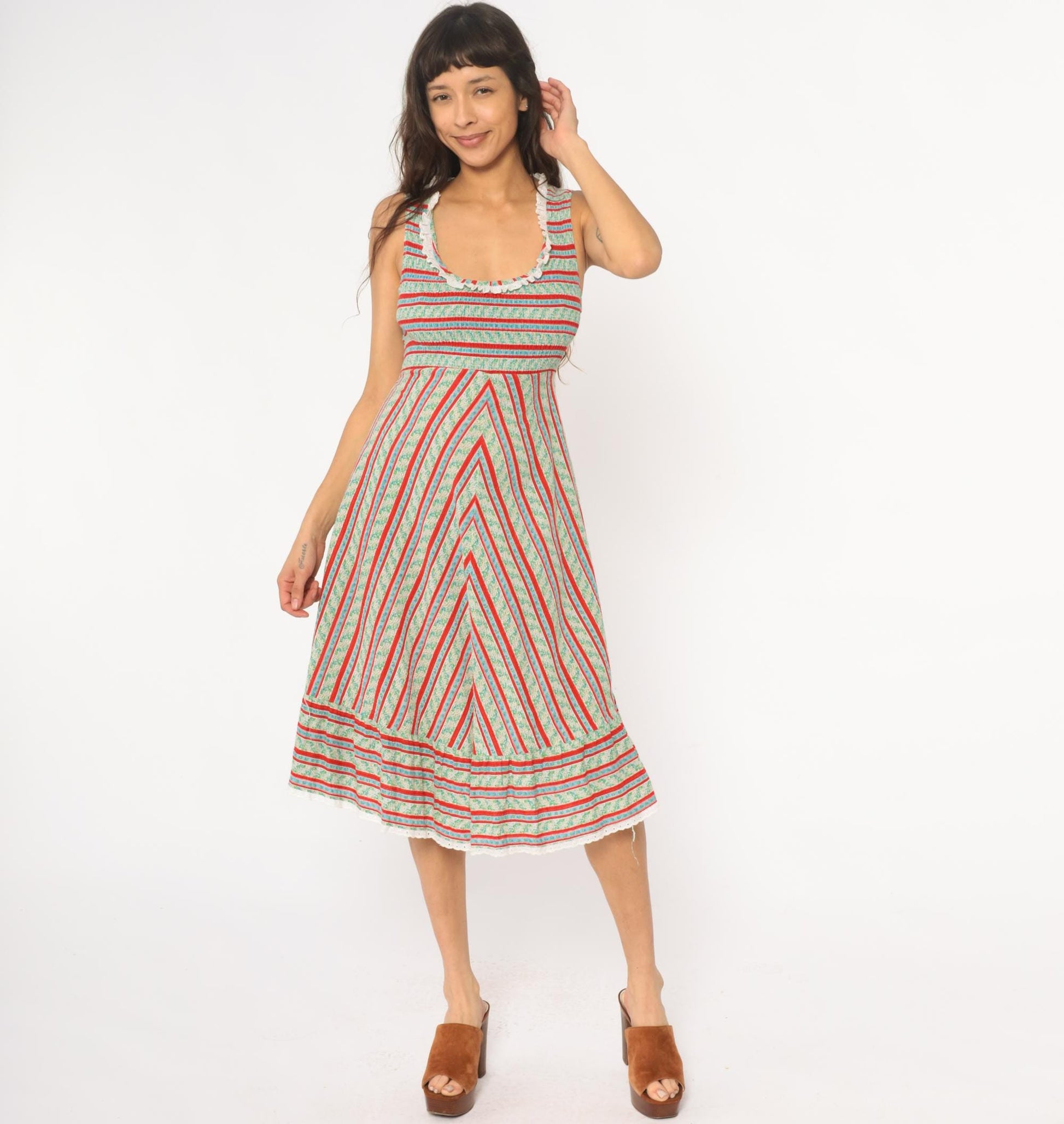 70s JC Penney Striped Chevron Prairie Dress Empire Waist Mint Small